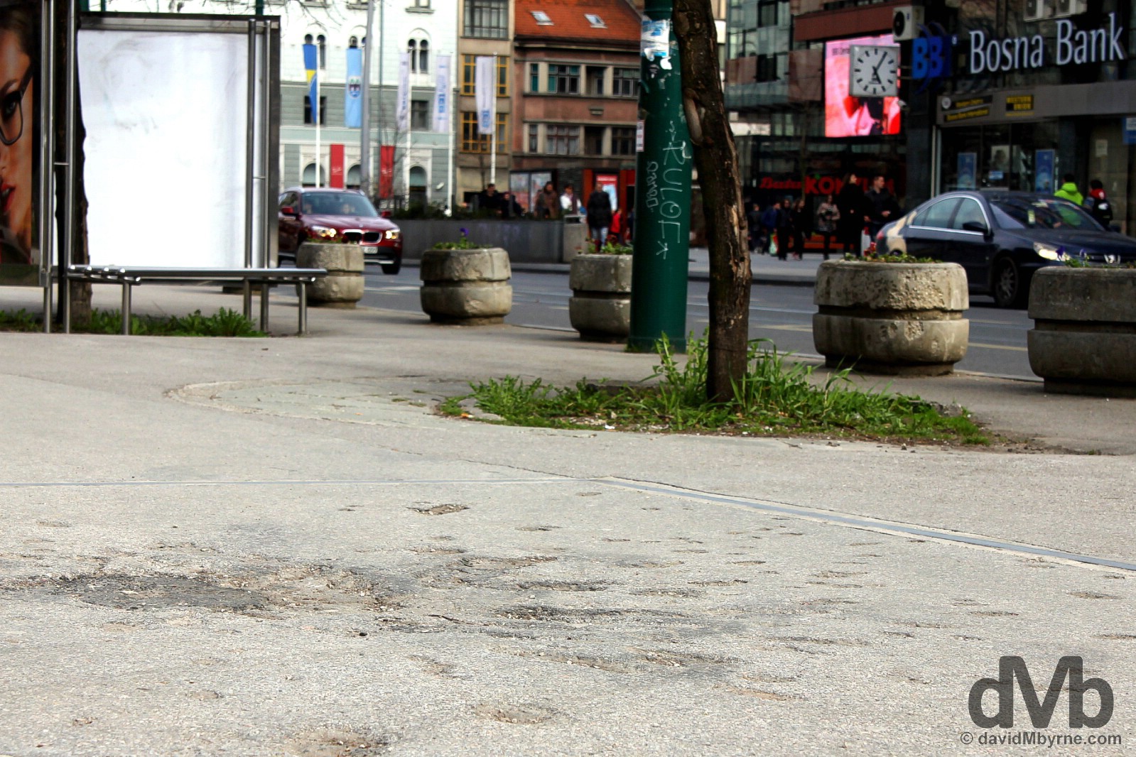 Bosnian War scars on the streets of Sarajevo, Bosnia and Herzegovina. April 4, 2015.