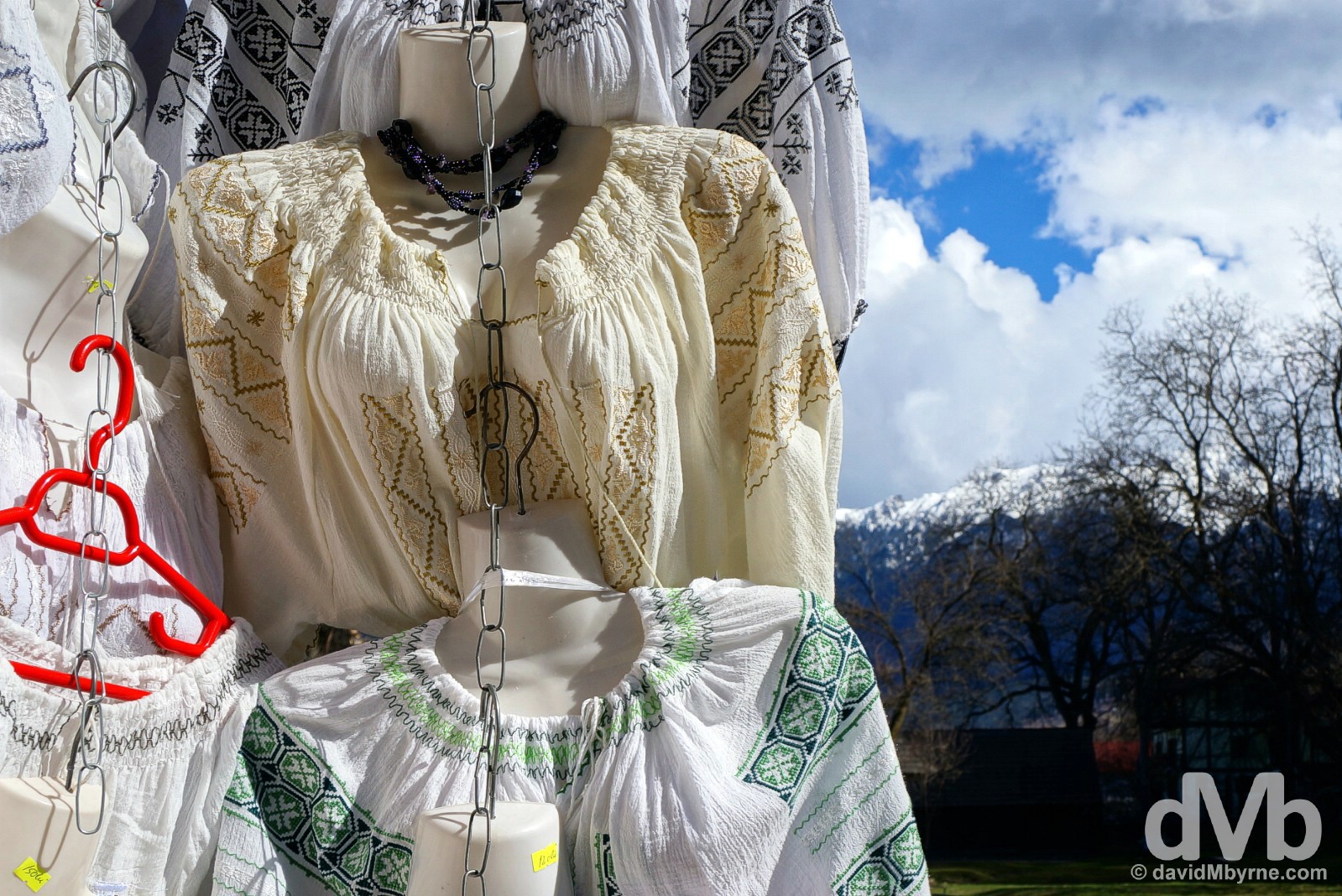Traditional clothing for sale in Bran, Transylvania, Romania. April 2, 2015.