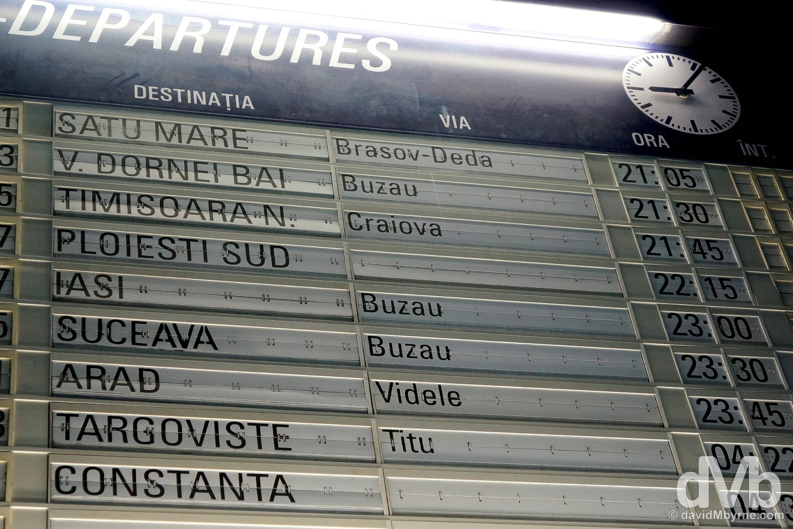 Night train to Belgrade, Serbia. The departures board in Gara de Nord, Bucharest, Romania. April 2, 2015.