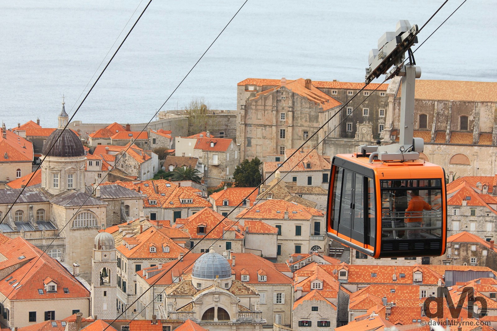 The Dubrovnik Cable Car over the rooftops of Old Town, Dubrovnik, Croatia. April 7, 2015.