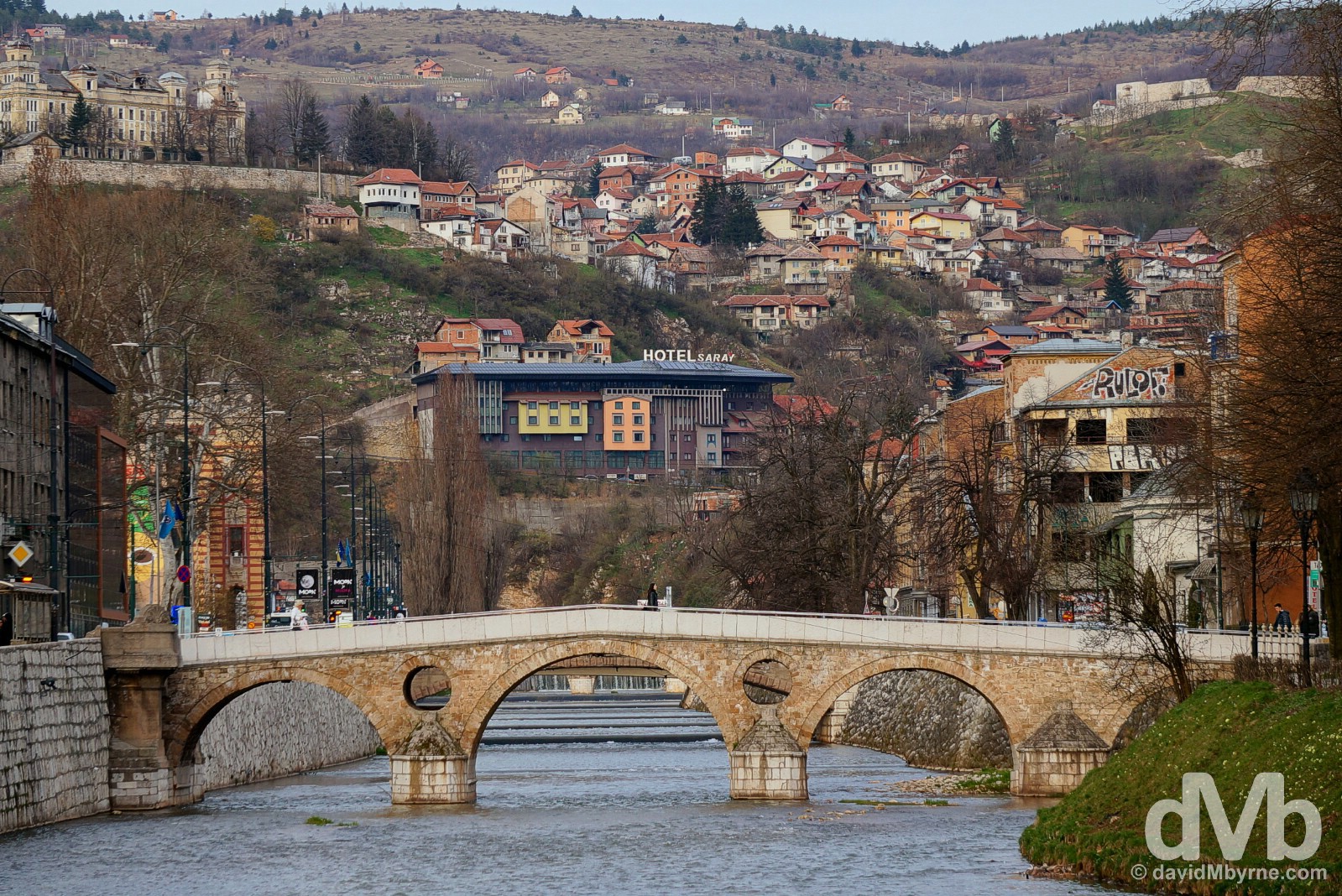 The Latin Bridge crossing the Miljacka River in Sarajevo, Bosnia and Herzegovina. April 4, 2015.