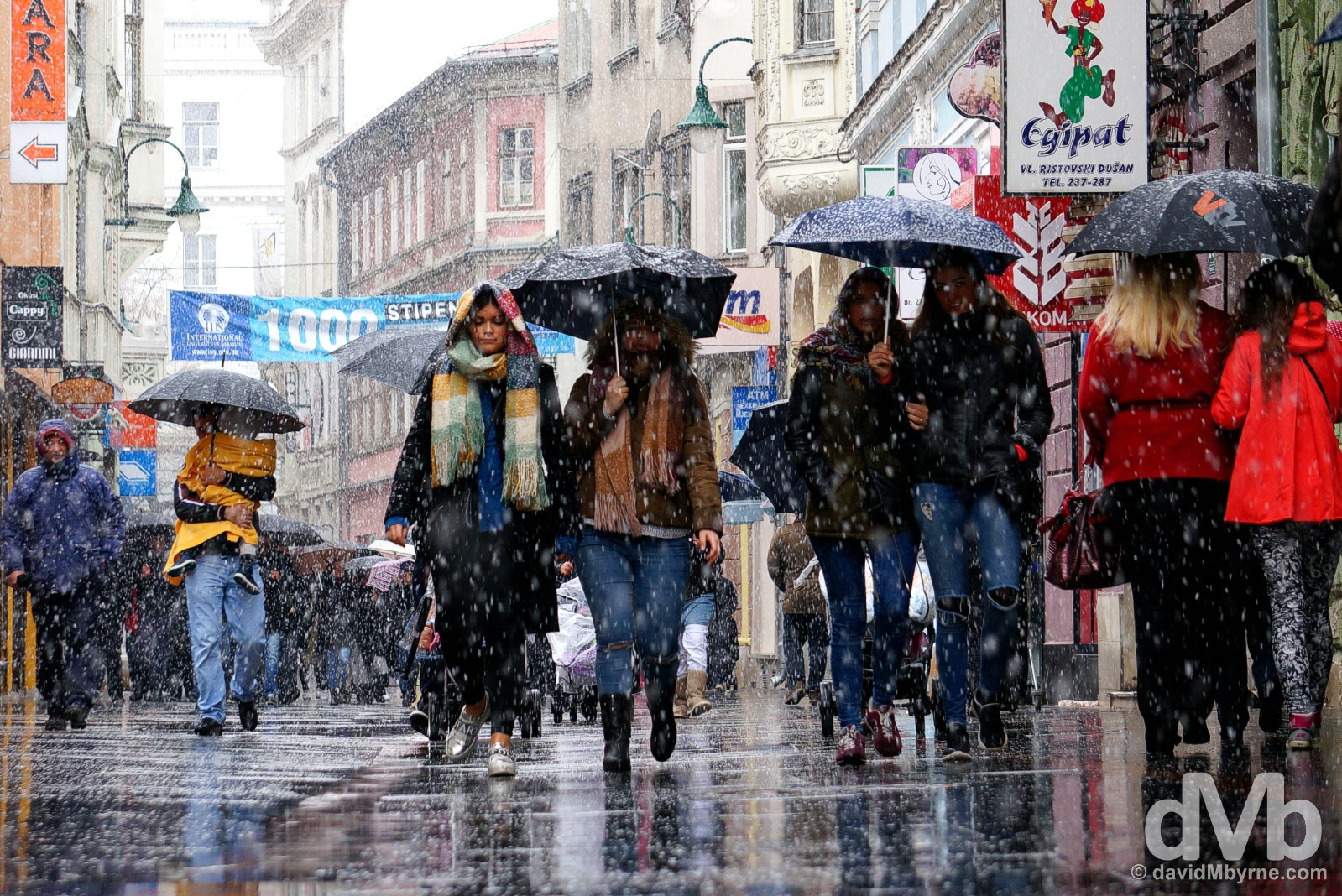 Snow on Ferhadija, central Sarajevo, Bosnia and Herzegovina. April 5, 2015.