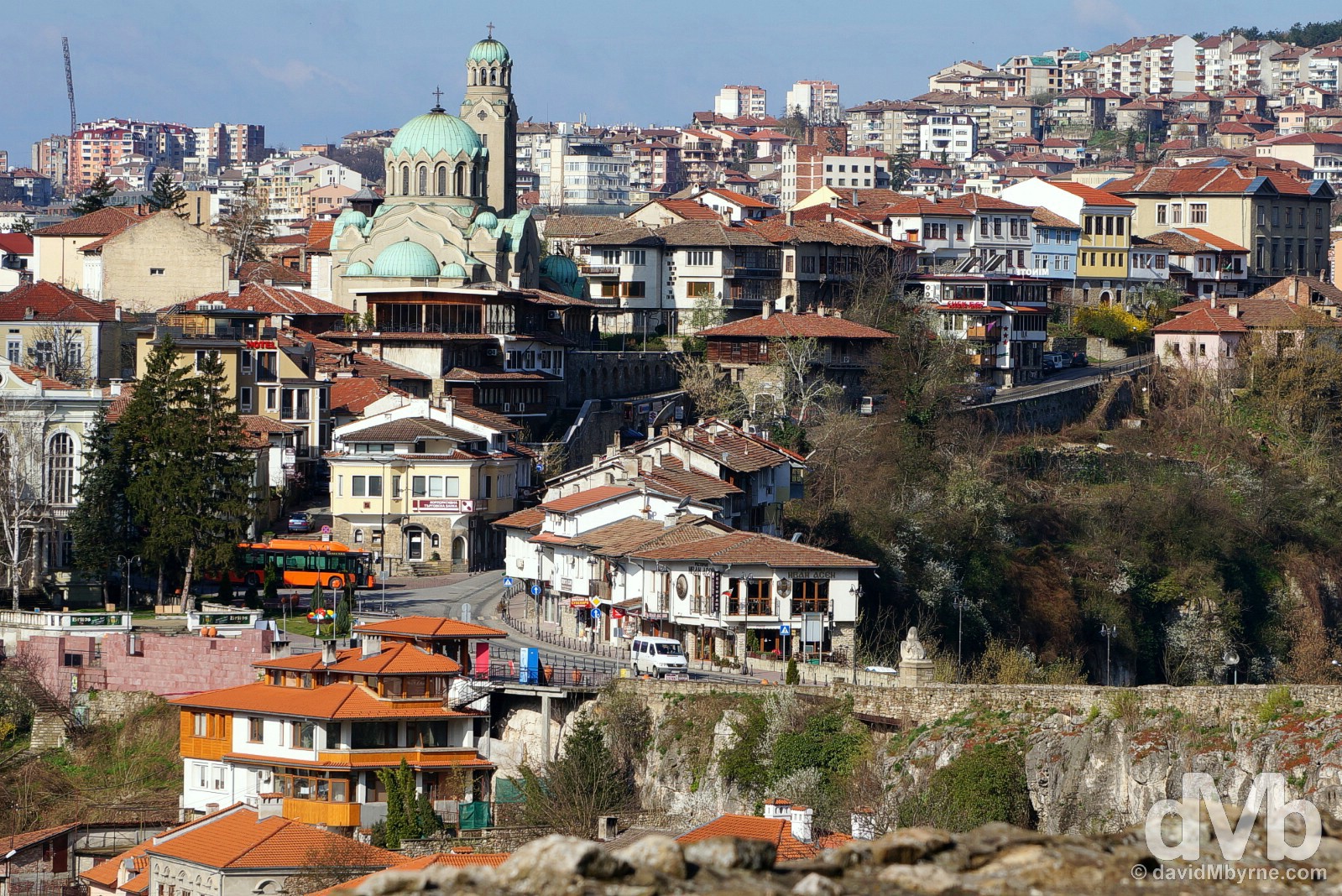 Veliko Tarnovo as seen from the walls of the Tsarevets Fortress. Veliko Tarnovo, Bulgaria. March 31, 2015.