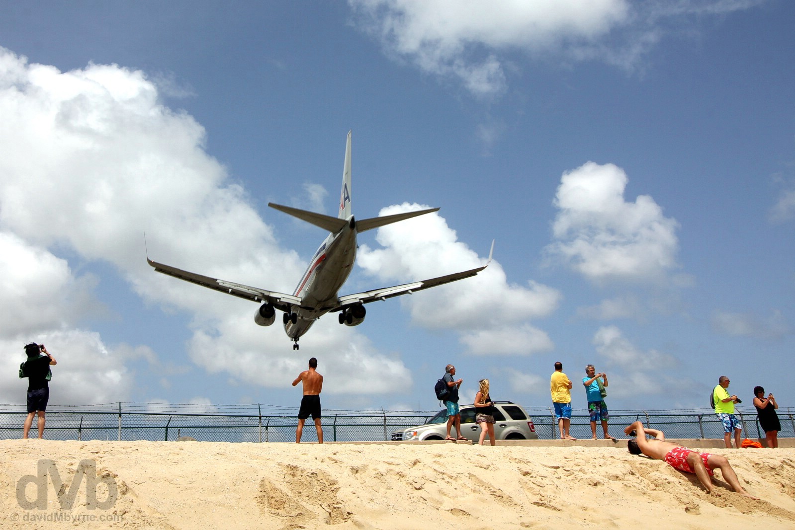 An approach to Juliana Airport over the sands of Maho Beach, Sint Maarten, Lesser Antilles. June 8, 2015.