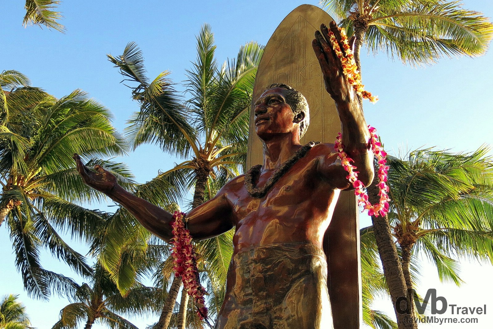 A statue of Duke Kahanamoku, a Hawaiian native, five-time Olympic medallist & the person credited with popularising the sport of surfing, fronting Waikiki Beach in O’ahu, Hawaii. February 26th 2013.