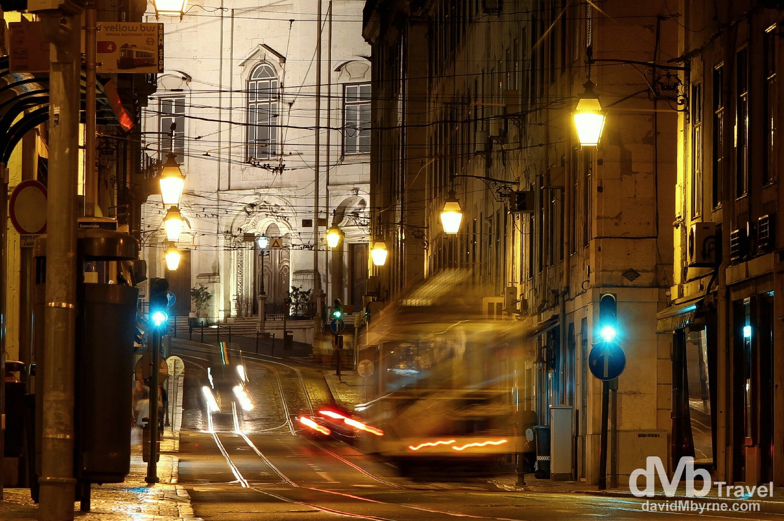 A tram running along Rua da Conceicao, Lisbon, Portugal. August 26th 2013.