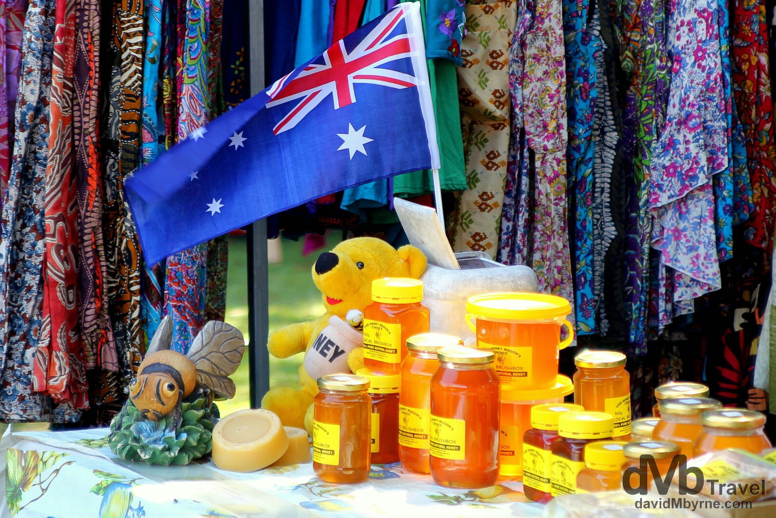 Honey on sale at a weekend Farmers Market in Byron Bay, New South Wales, Australia. April 7th 2012.