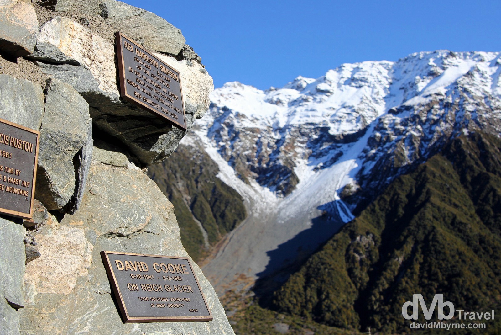 Plaques on the Alpine Monument at the entrance to the Hooker Valley, Mount Cook National Park, South Island, New Zealand. May 31st 2012.