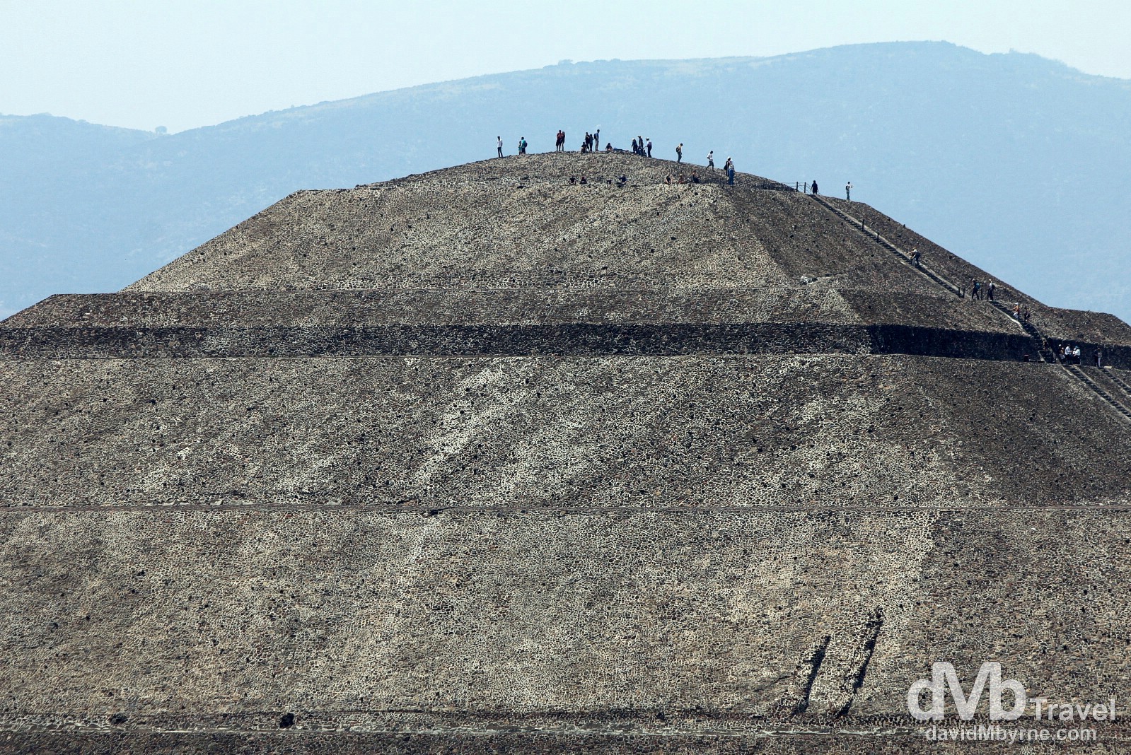 People atop the Piramide del Sol (Pyramid of the Sun) as seen from the slightly smaller Piramide de la Luna (Pyramid of the Moon), Teotihuacan, Mexico. April 29th 2013.