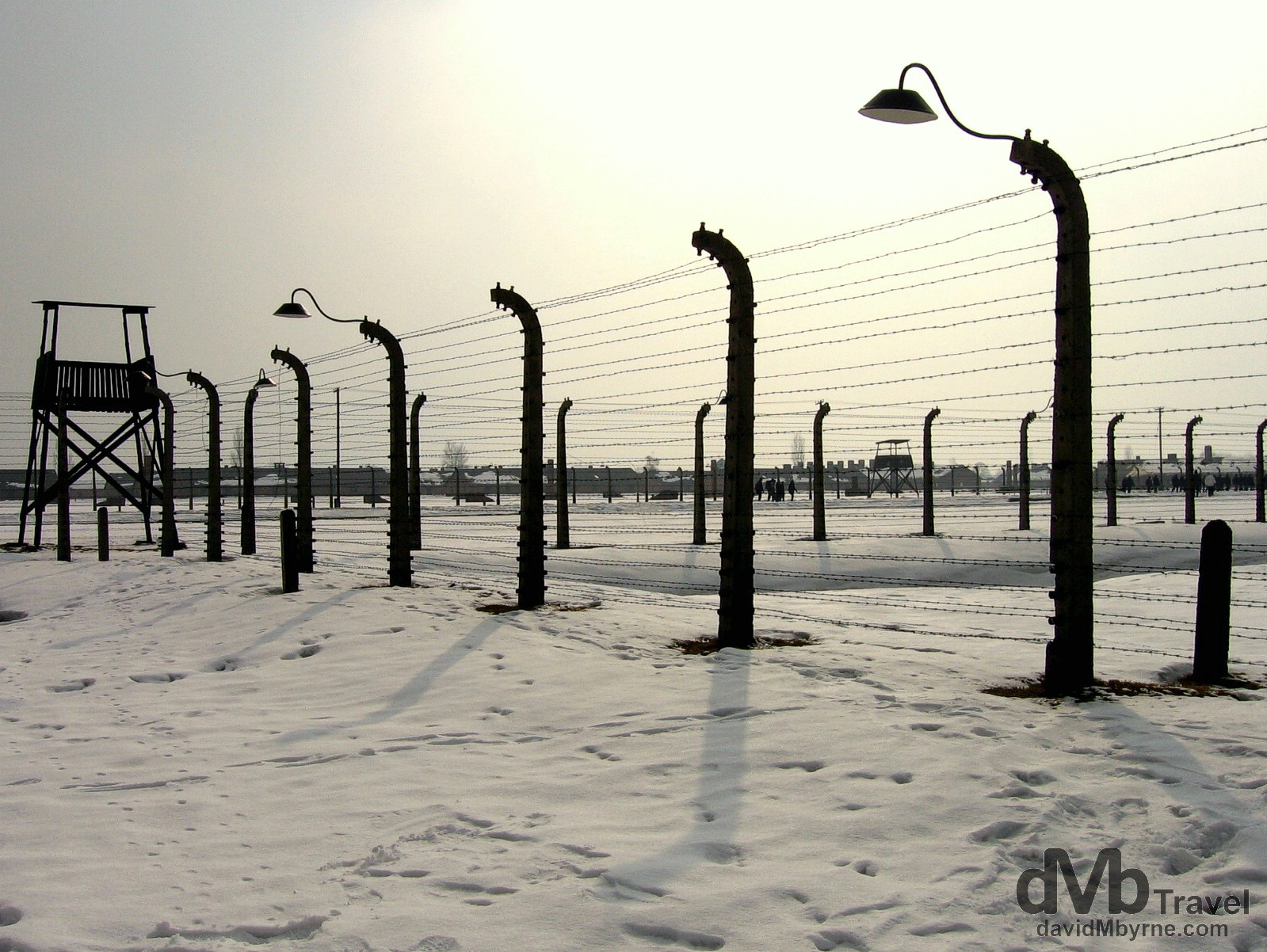 Fencing and shadows in the Birkenau Concentration Camp, Brzezinka, Poland. March 7th 2006.