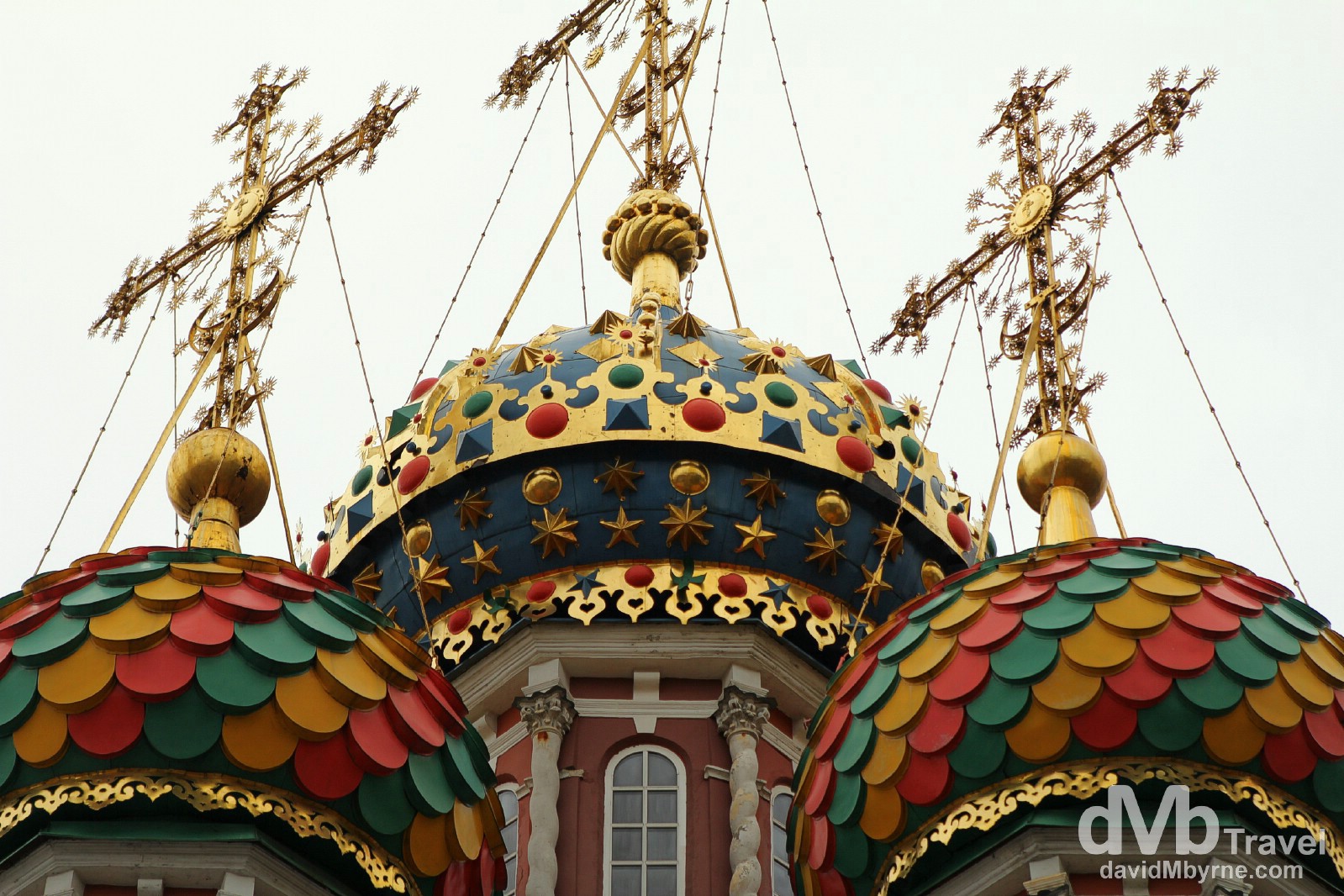 The decorative onion domes of Stroganov Church in Nizhny Novgorod, Russia. November 14th 2012.