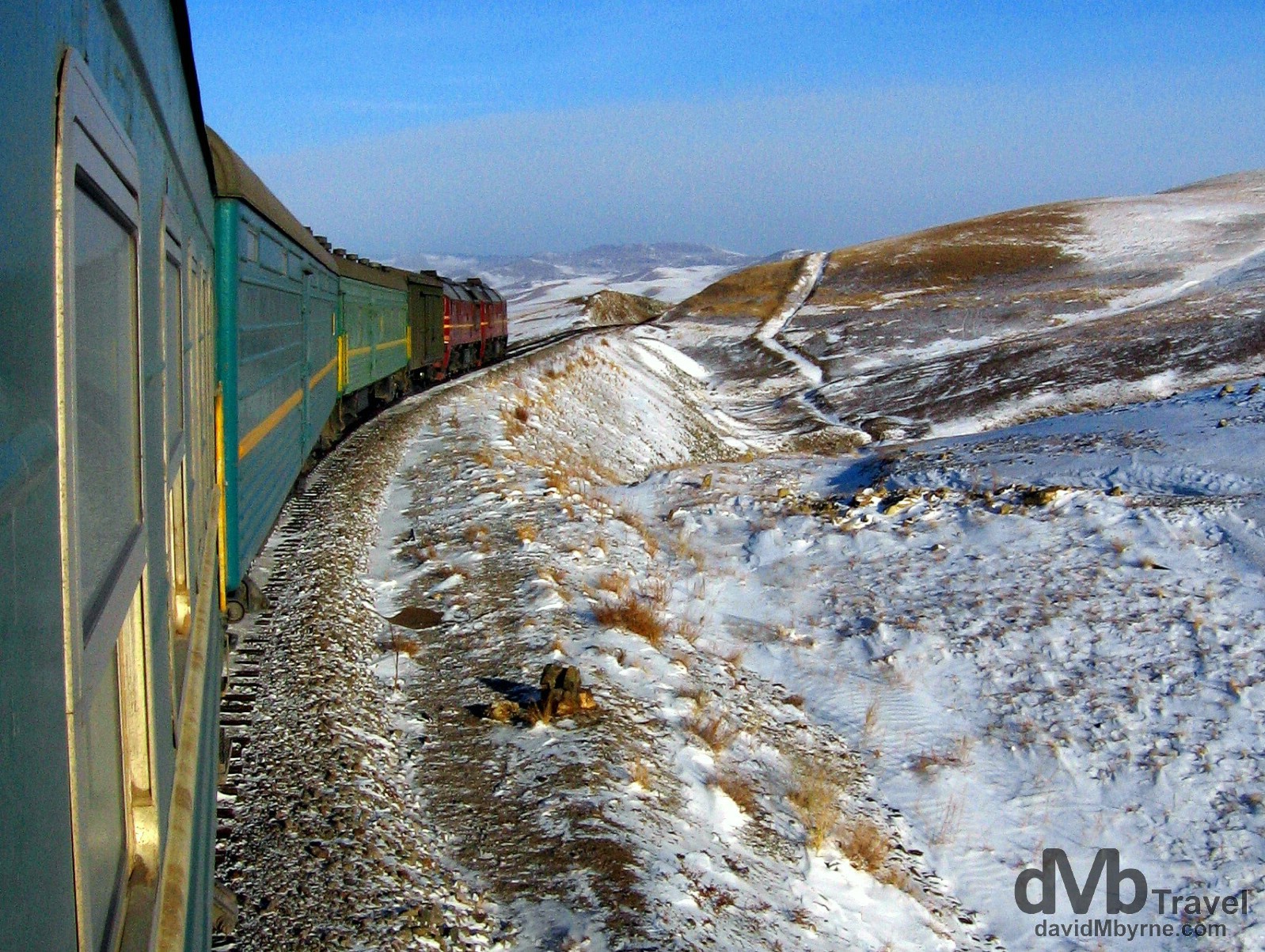 The Trans-Siberian train winding its way through the Gobi Desert in central Mongolia during my first Trans-Siberian adventure. February 15th 2006.