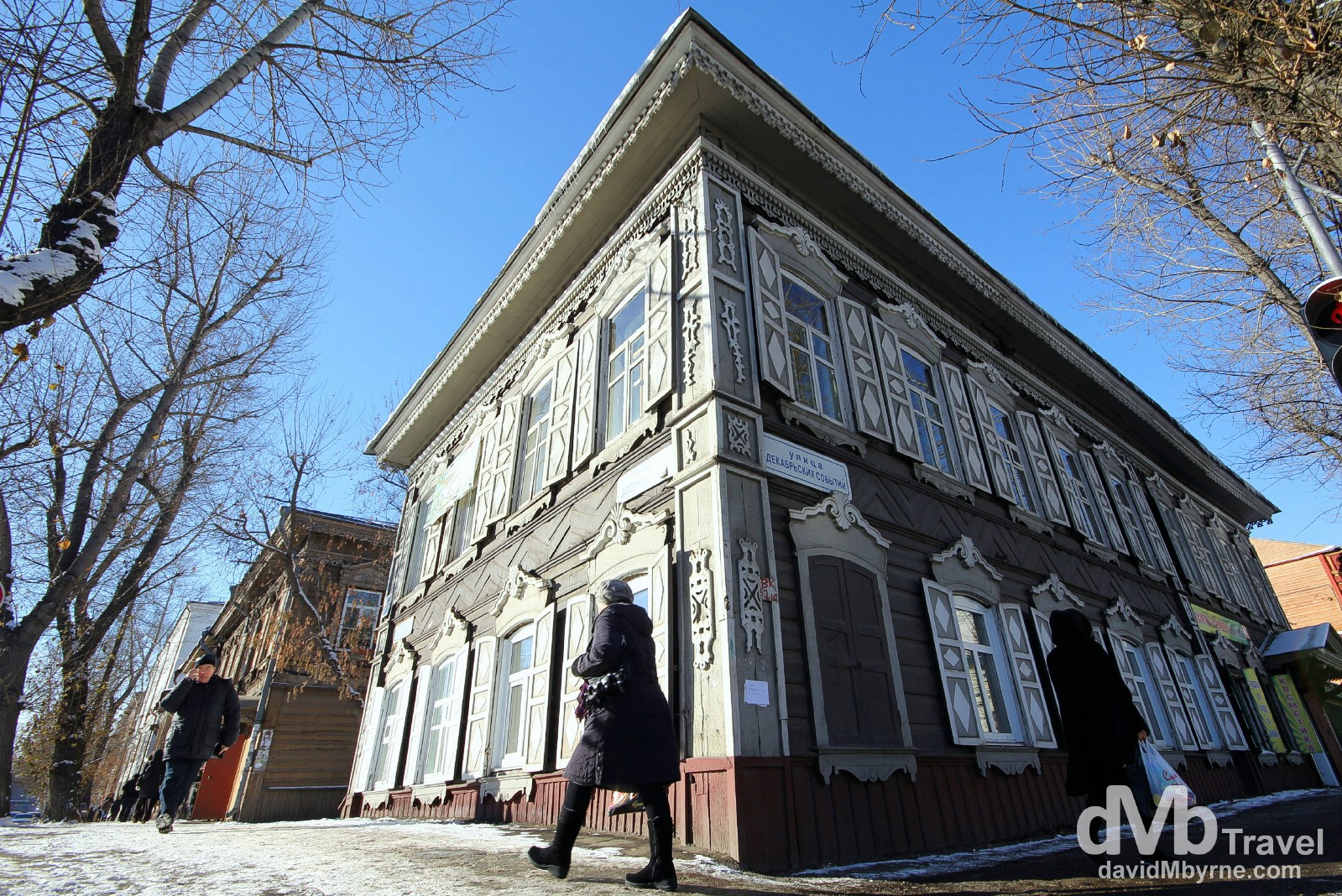 A typical Siberian wooden building on the streets of Irkutsk, Siberian Russia. November 7th 2012.