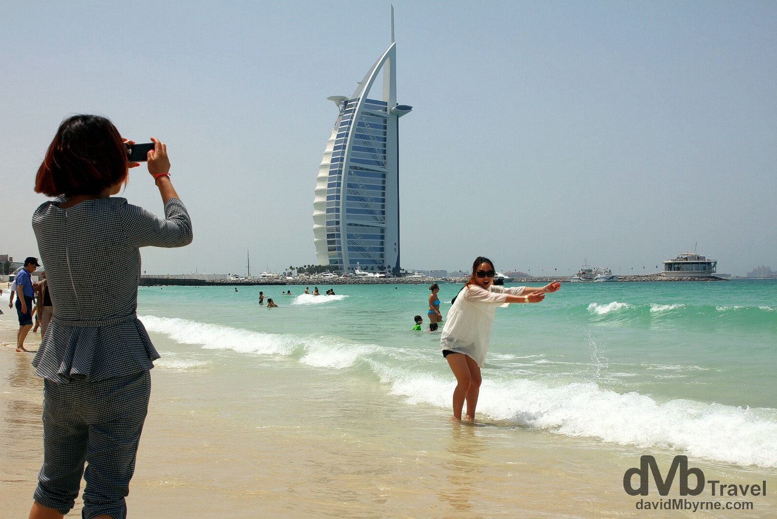 Pictures in front of the 7-star Burj Al Arab from Jumeirah Beach Park, Dubai, UAE. April 14th, 2014.
