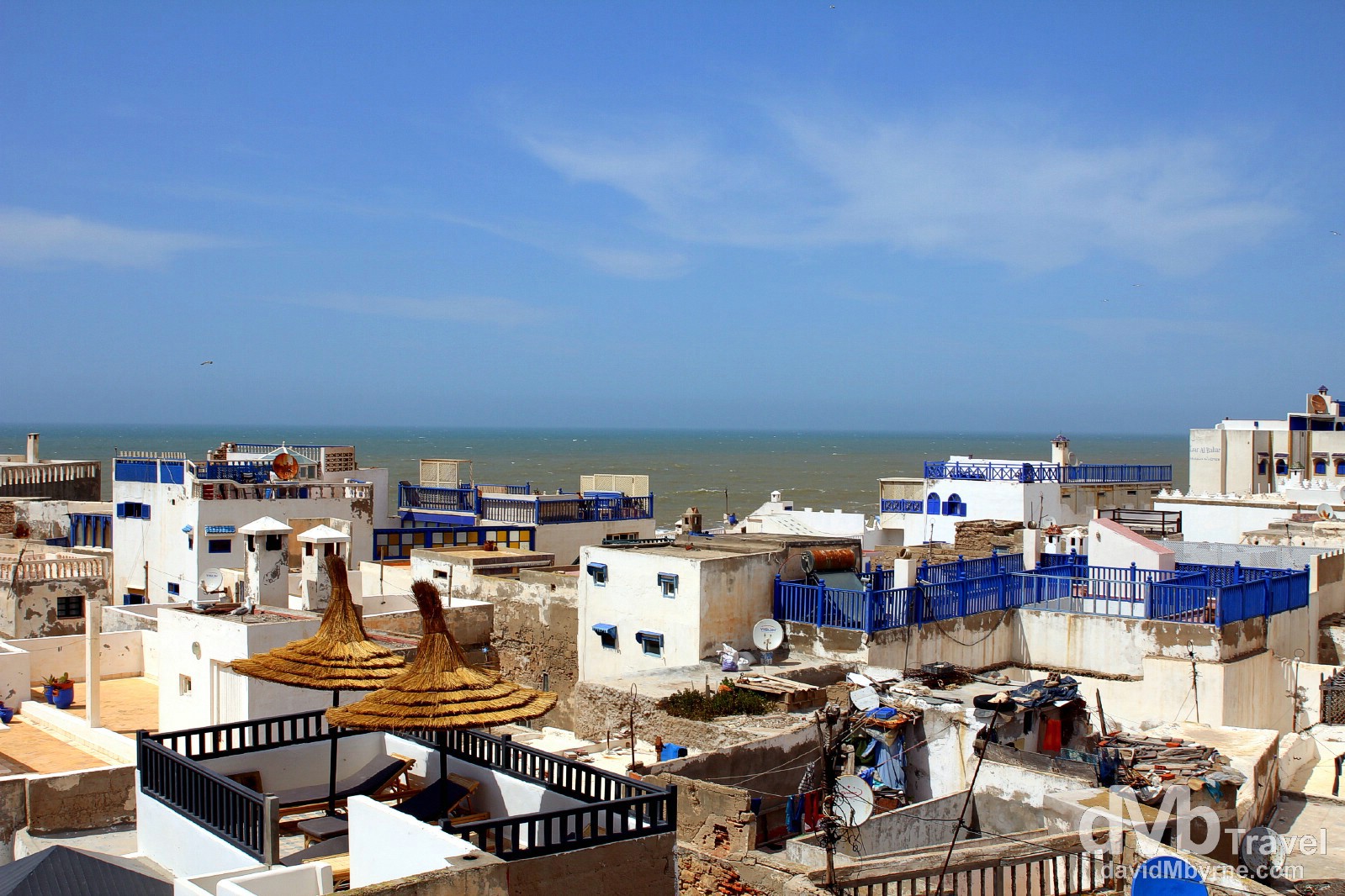 Rooftops of the median and the Atlantic Ocean as seen from the terrace of Raid El Pacha, Essaouira, Morocco. May 2nd, 2014.
