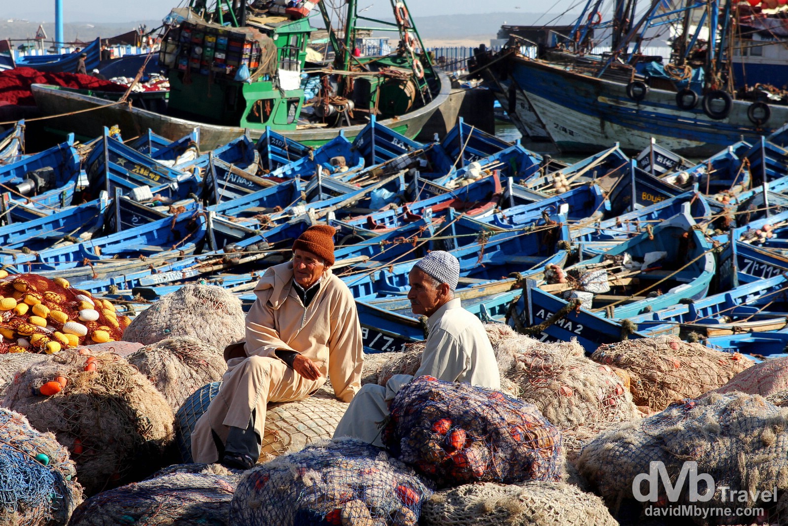 Locals sit on the nets in the port in Essaouira, Morocco. May 3rd, 2014.