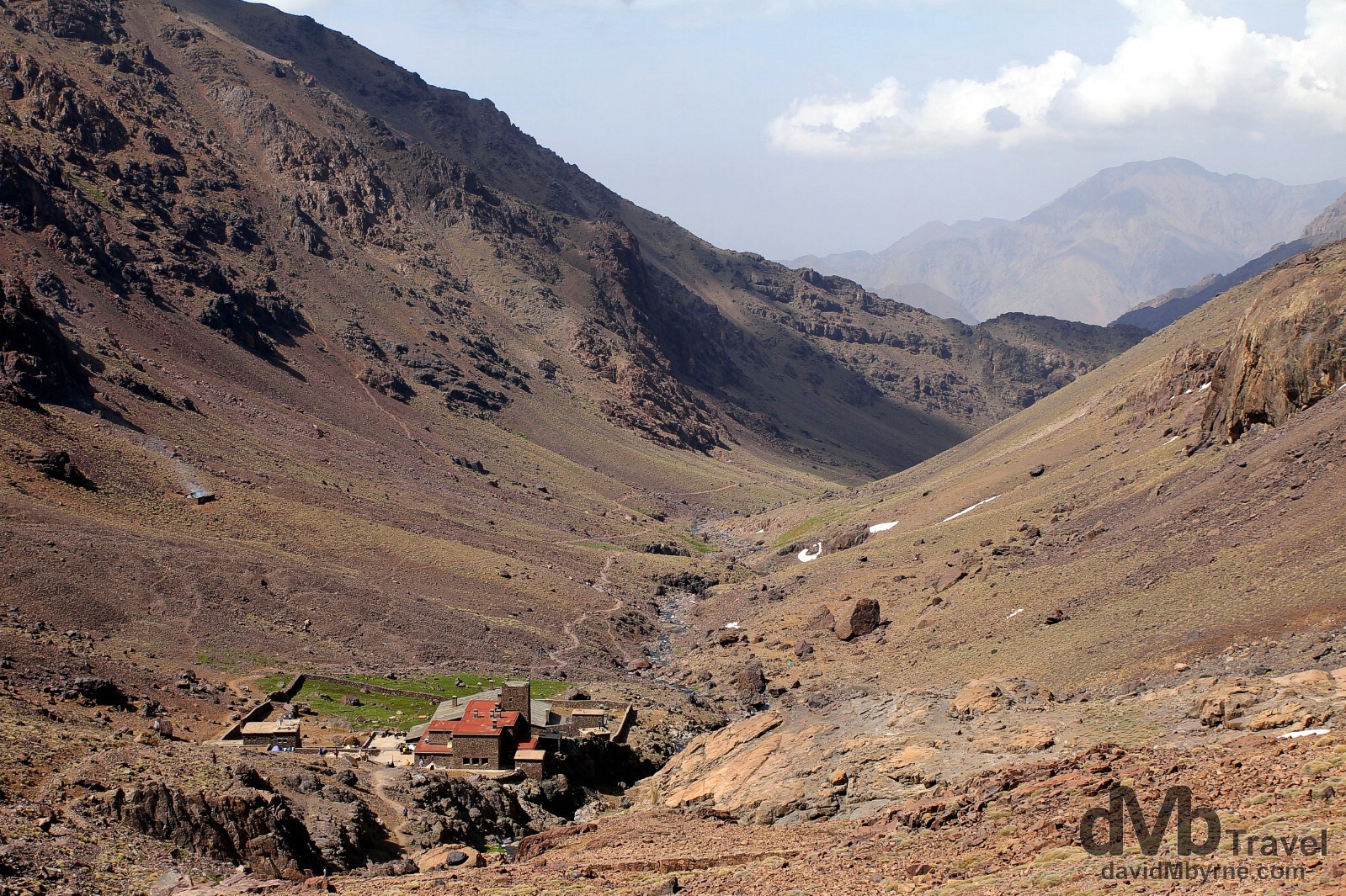 The Toubkal Refuge sitting in the valley leading to the summit of Jebel Toubkal, High Atlas, central Morocco. May 10th, 2014.