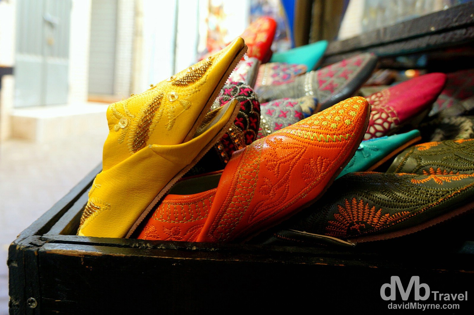 Babouche, Moroccan slippers, on sale in a lane of the Medina in Tangier, Morocco. June 3rd, 2014.
