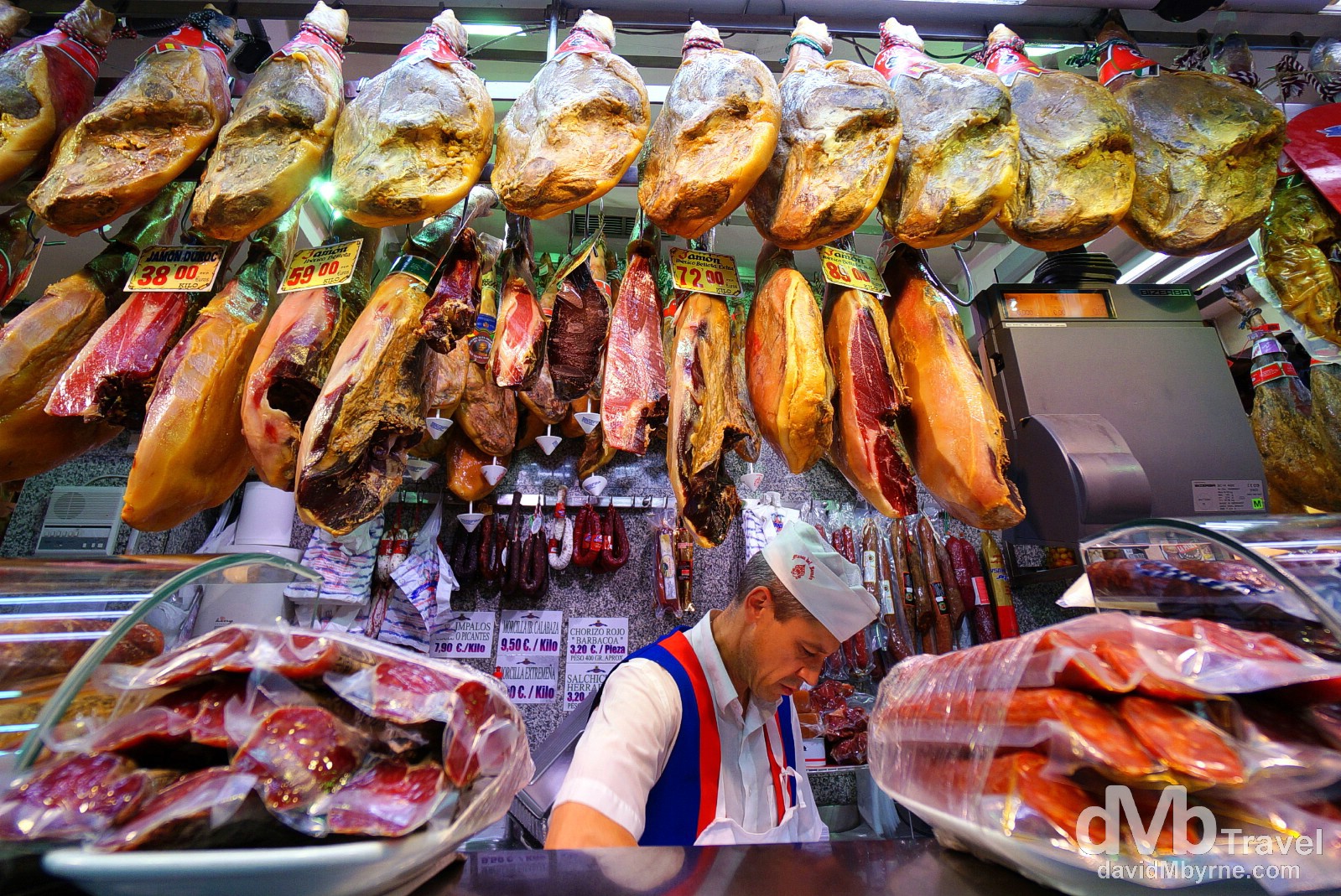 One of the many jamon (ham) shops in Madrid, Spain. June 14th, 2014.