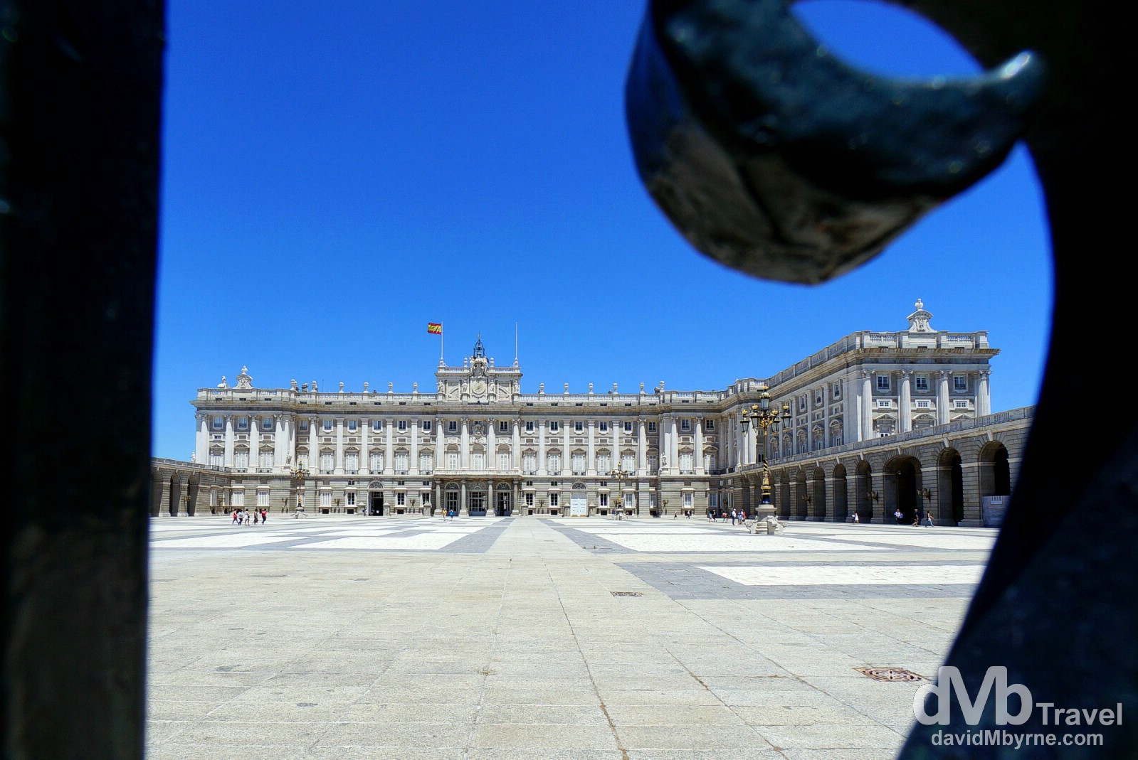 A section of the Palacio Real (the Royal Palace) as seen through railings in Madrid, Spain. June 15th, 2014. 