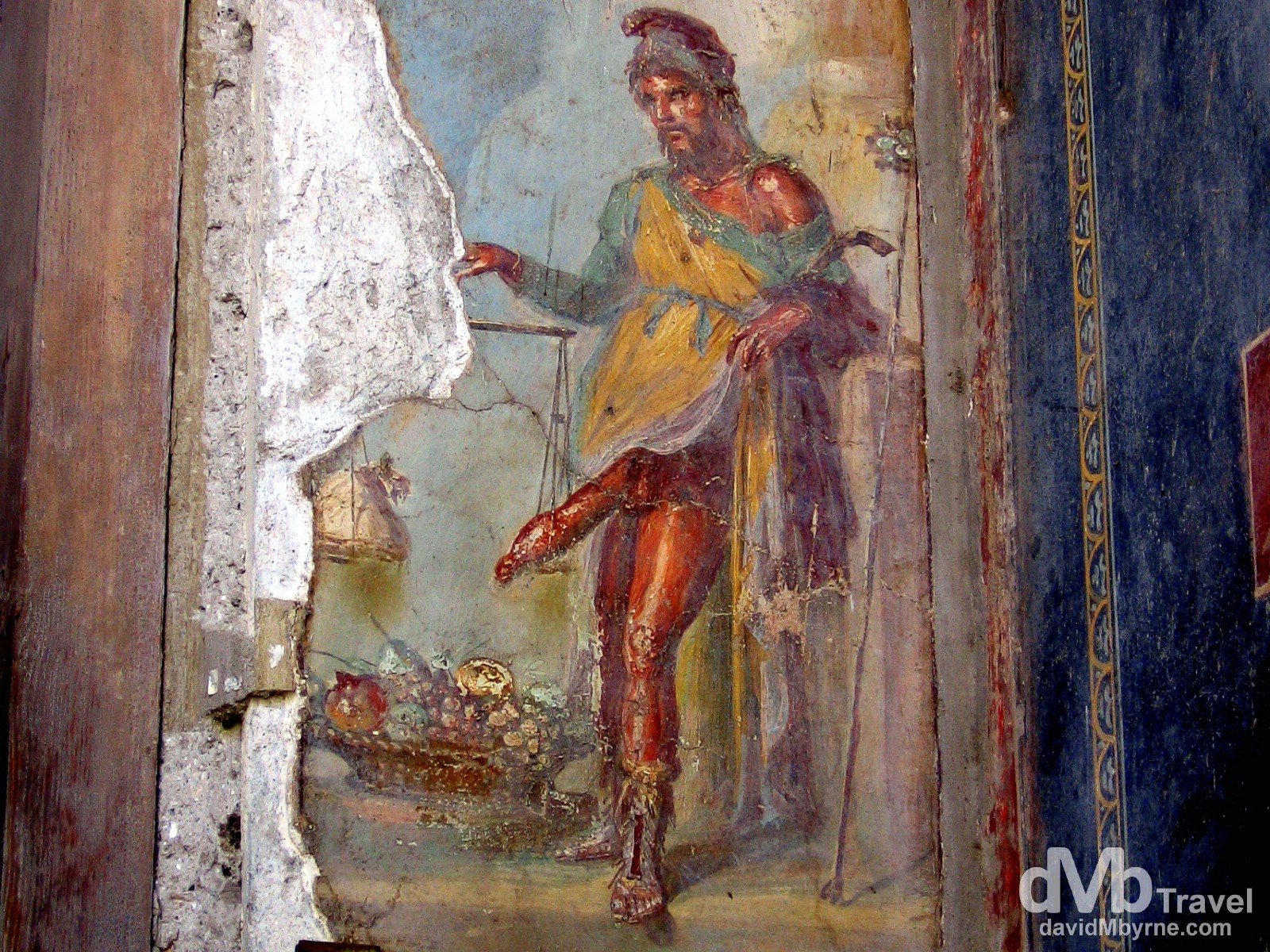 An erotic mural on display in the Roman ruins of Pompeii, Campania, Italy. September 5th, 2007.