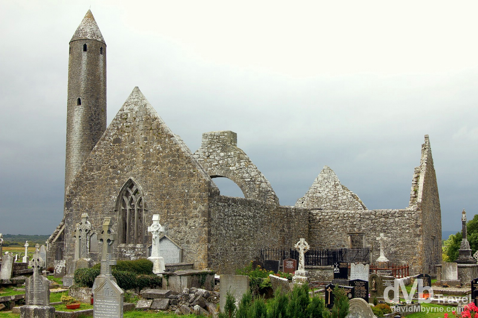 The remains of the early 7th century Kilmacduagh Monastery outside the village of Gort, Co. Galway, Ireland. August 27, 2014.
