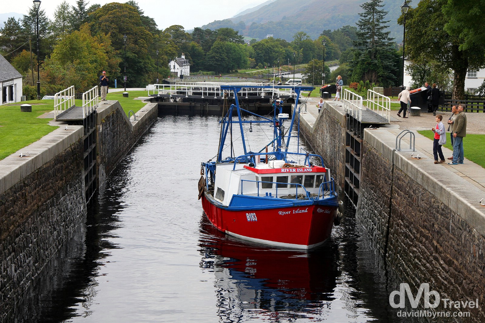 A fishing boat navigating the Neptune's Staircase lock of the Caledonian Canal in Banavie, Scotland. September 18, 2014.