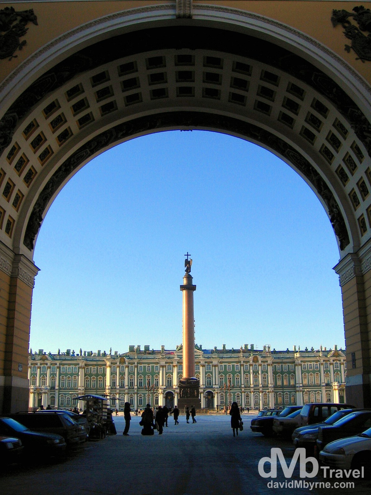 Palace Square as seen from under the arches of the General Staff Building on Bol Morskaya ul in St Petersburg, Russia. February 27, 2006.