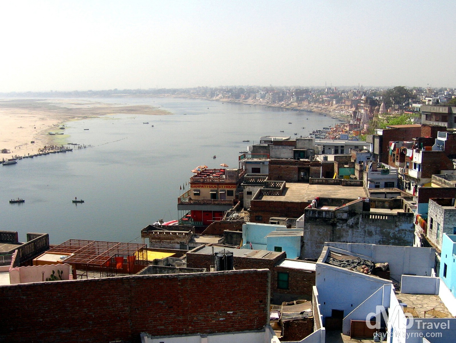 A view of Varanasi and the sacred River Ganges from the rooftop of the Puja guesthouse. Varanasi, Uttar Pradesh, India. March 17, 2008.