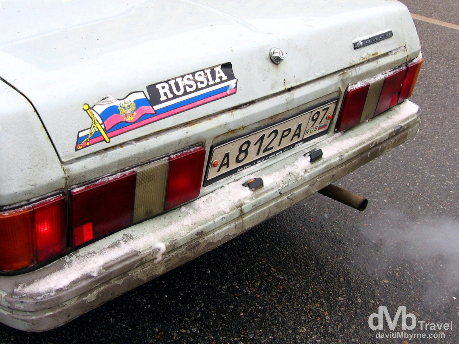 A smoky Lada on the streets of Moscow, Russia. February 26, 2006. 