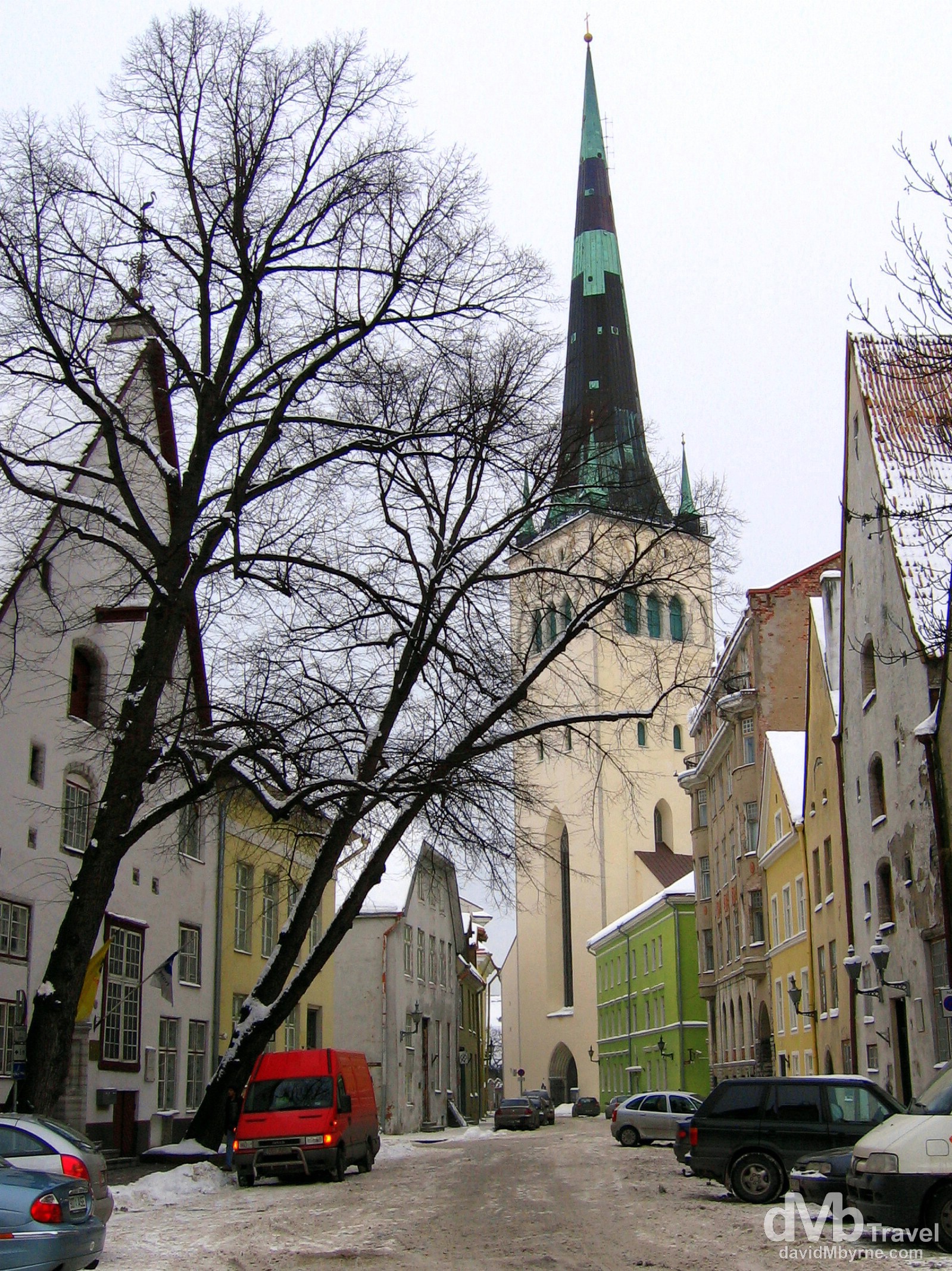 The Oleviste Church towering over a  Pikk tanav in the Old Town of Tallinn, Estonia. March 2, 2006.