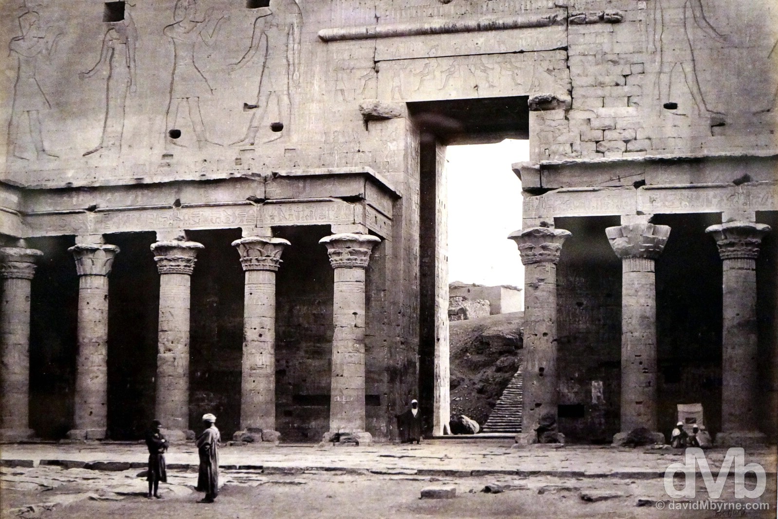A Francis Bedford (1815-1894) capture of the Great Court of the Temple of Horus in Edfu, Egypt. Captured on March 14, 1862, & on display as part of the Cairo to Constantinople Exhibit in the Queen's Gallery of Buckingham Palace, London, England. December 14, 2014.