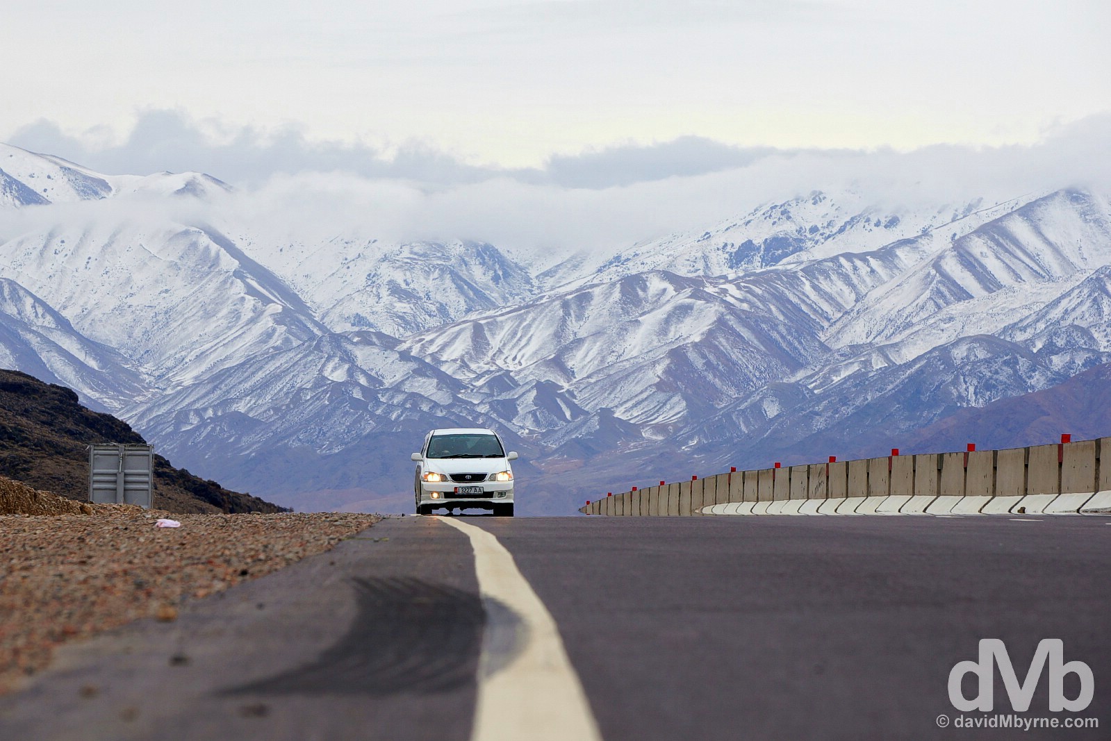 Views of the Zailiysky Alatau range on the A363 road from Bishkek to the lakeside town of Cholpon-Ata in northern Kyrgyzstan. February 25, 2015. 