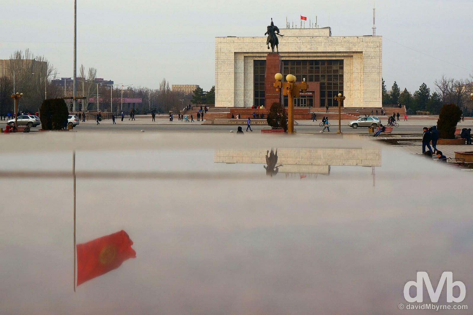 Reflections in Ala-Too Square in central Bishkek, Kyrgyzstan. February 23, 2015. 