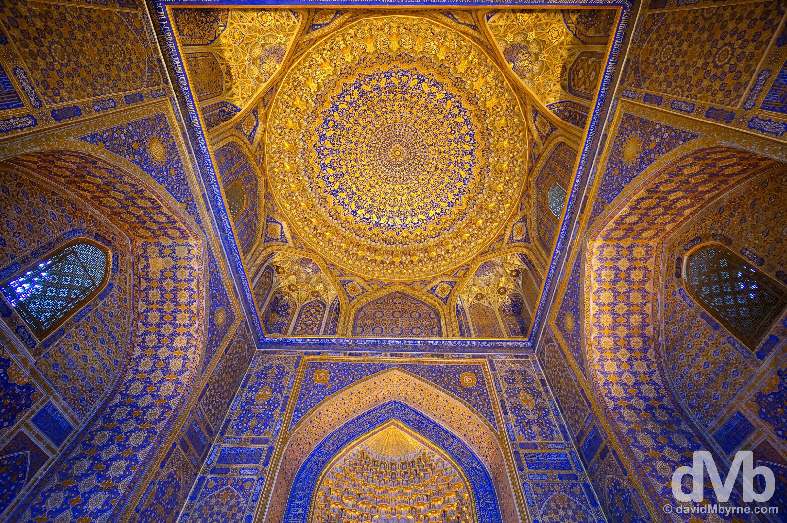 The stunning golf leaf-heavy ceiling of the mosque in the Tilla-Kari Medressa of the Registan in Samarkand, Uzbekistan. March 8, 2015. 