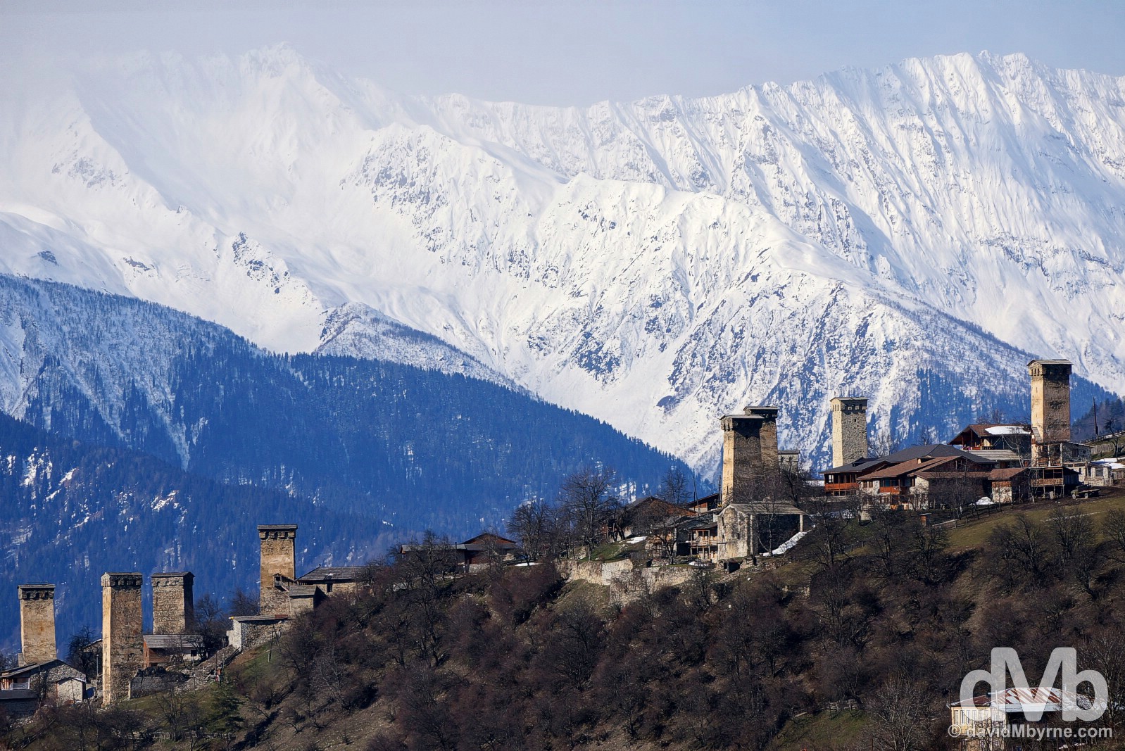 Svan Towers in the highland town of Mestia in the Caucasus Mountains in northwest Georgia. March 21, 2015. 