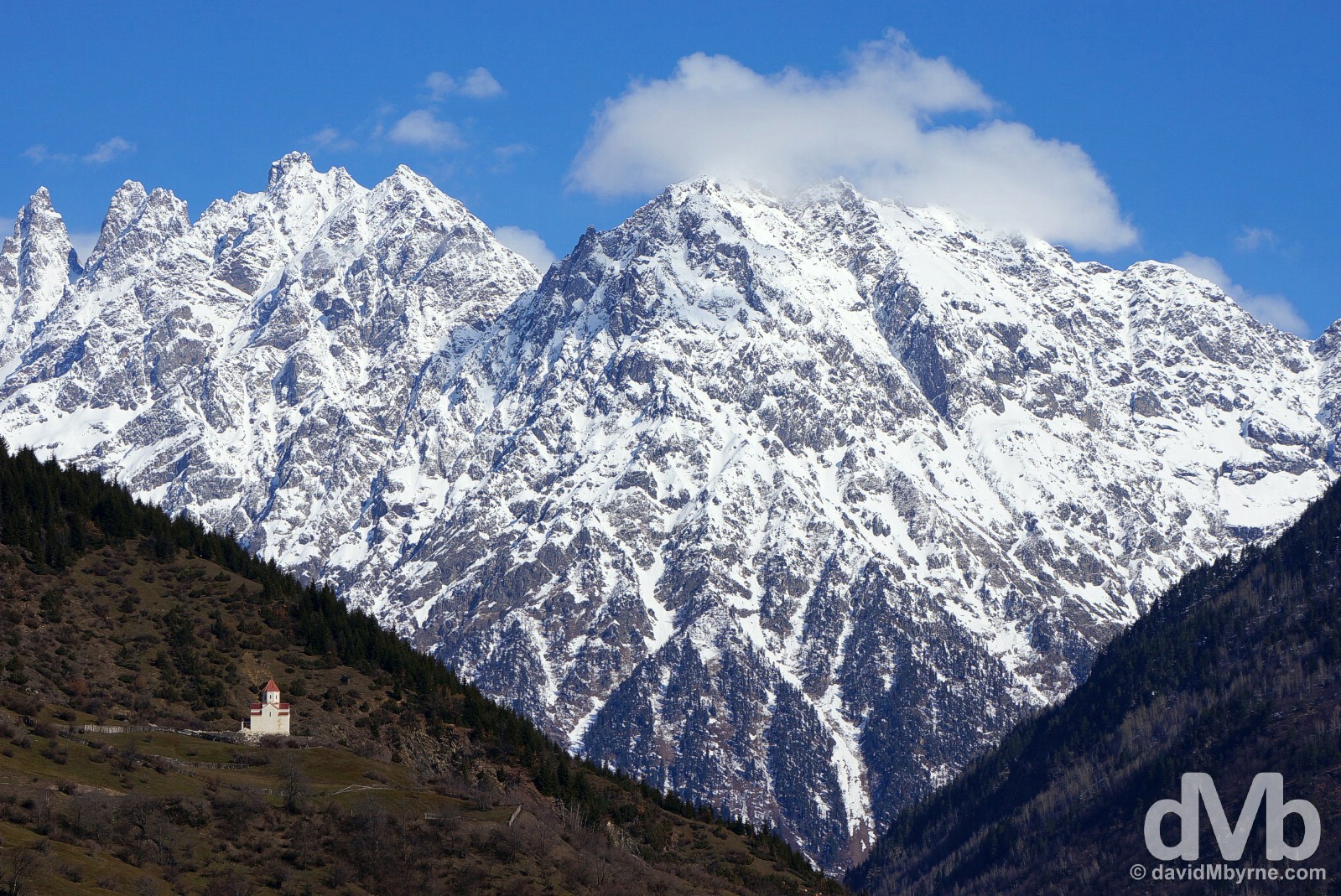 The entrance to the Mestiachala Valley outside the highland town of Mestia in the Caucasus Mountains in northwest Georgia. March 22, 2015. 