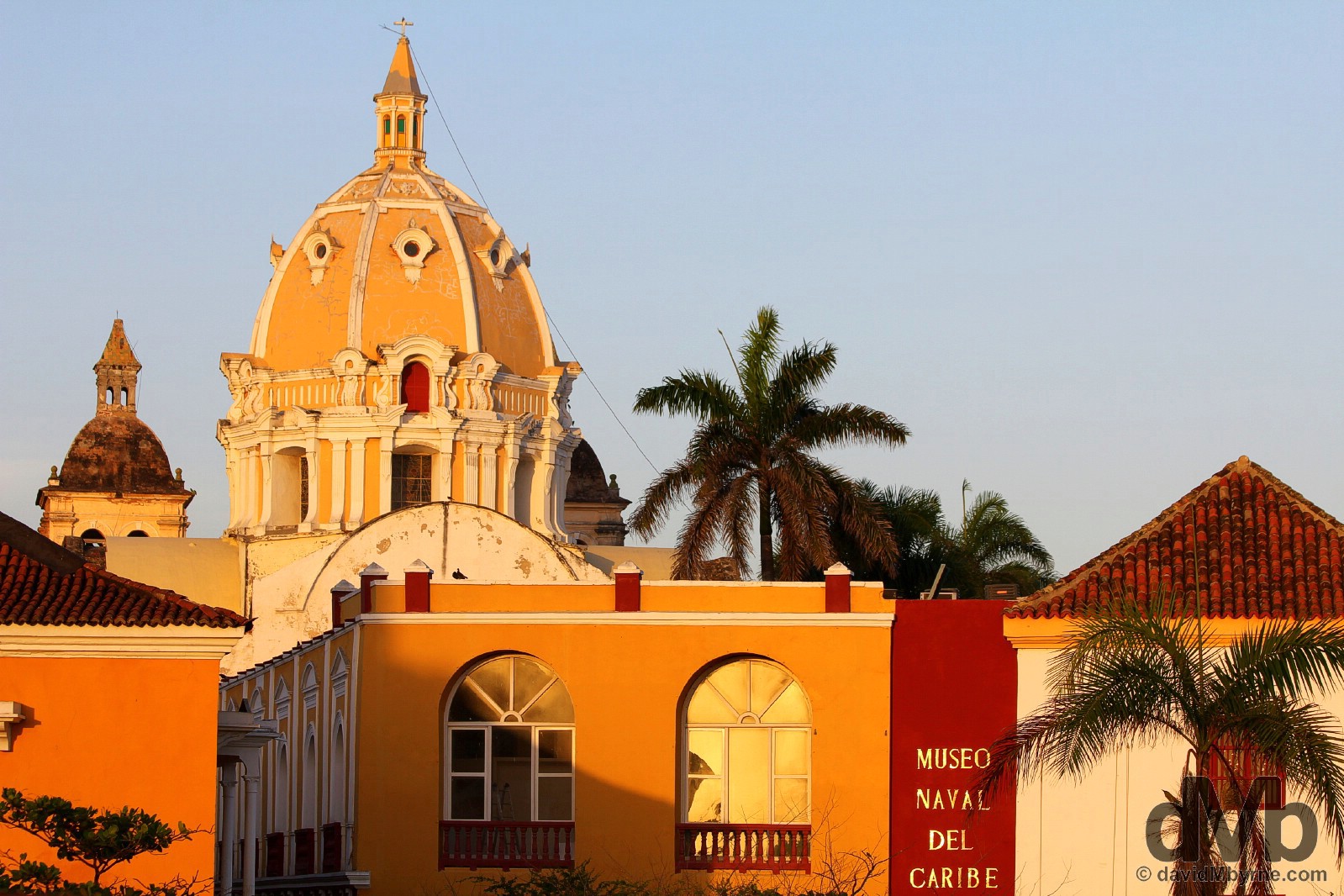 Sunset light on buildings of Old Town as seen from Las Murallas, the Old Town walls of Cartagena, Colombia. June 24, 2015.