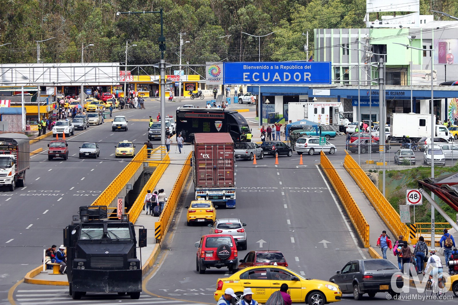 Leaving Colombia. Ecuador as seen across the Colombian side of the Rumichaca bridge marking the Colombia/Ecuador border. July 2, 2015.