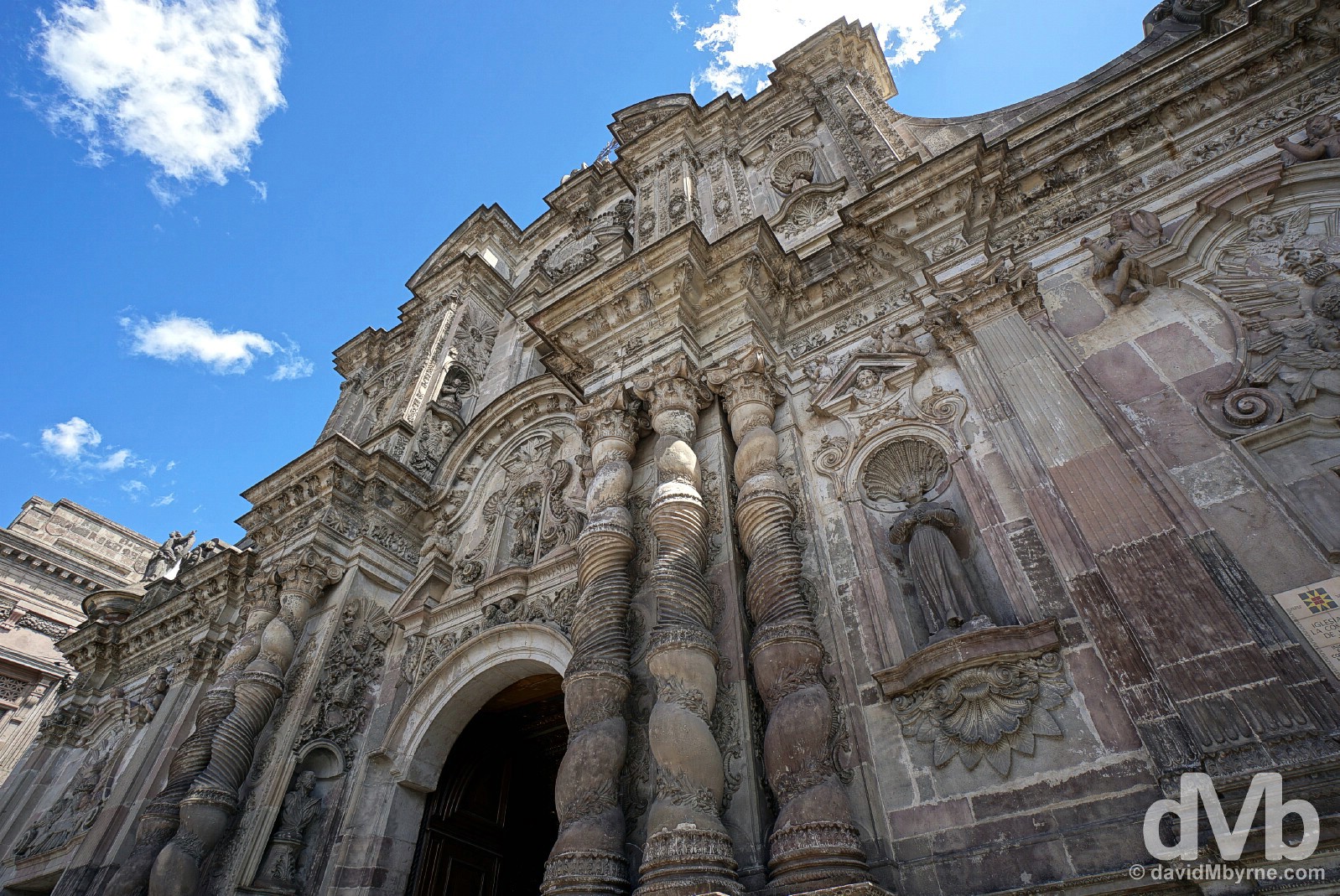 The facade of the baroque La Compania Church in Quito, Ecuador. July 4, 2015.
