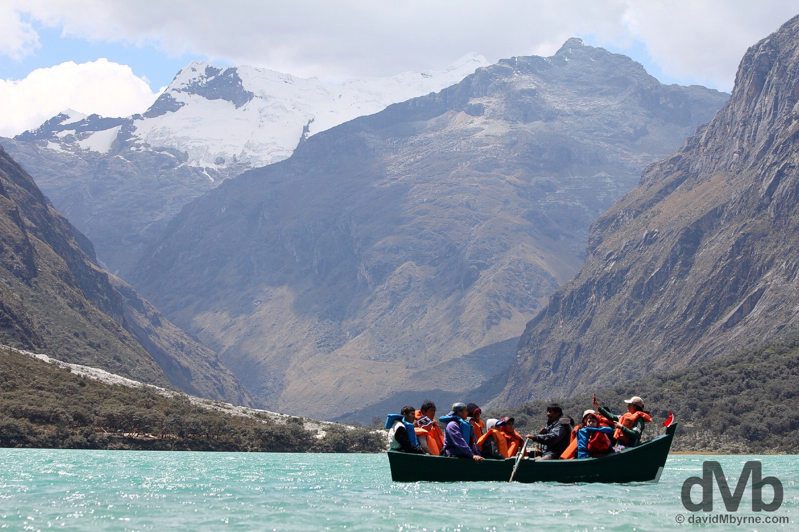 Boating on Lago (Lake) Chinan Cocha in Parque Nacional Huascaran, Ancash, Peru. August 5, 2015. 