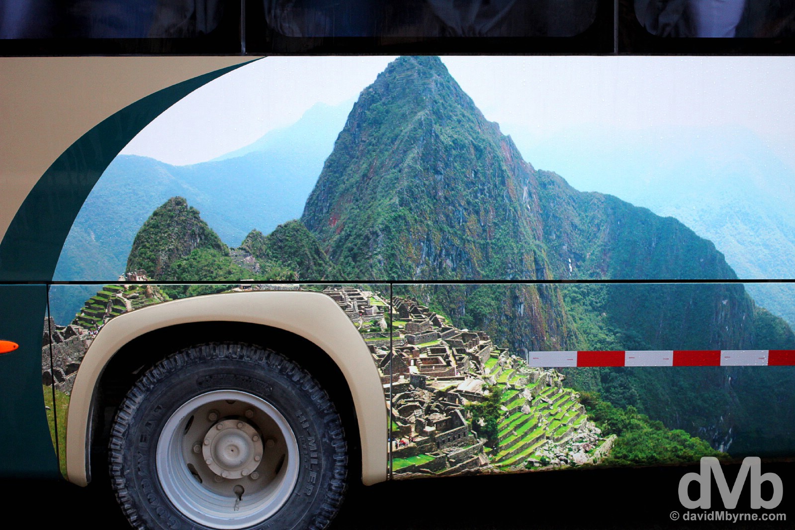 a Machu Picchu tourist bus on the narrow streets of Machu Picchu Peublo/Aguas Calientes, Peru. August 14, 2015.