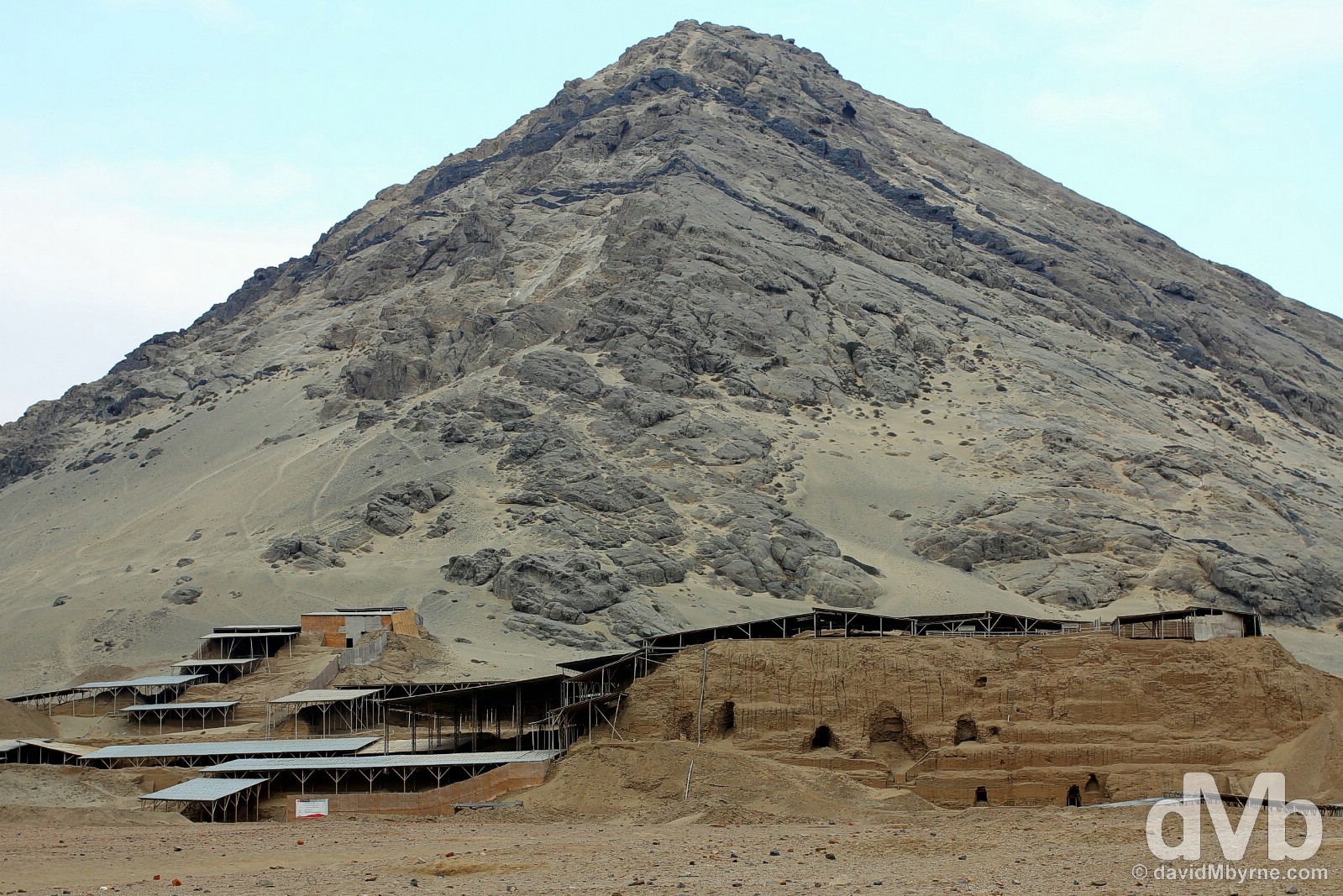 Huaca de la Luna (Temple of the Moon) at the base of Cerro Blanca, Moche, northwestern Peru. August 1, 2015.