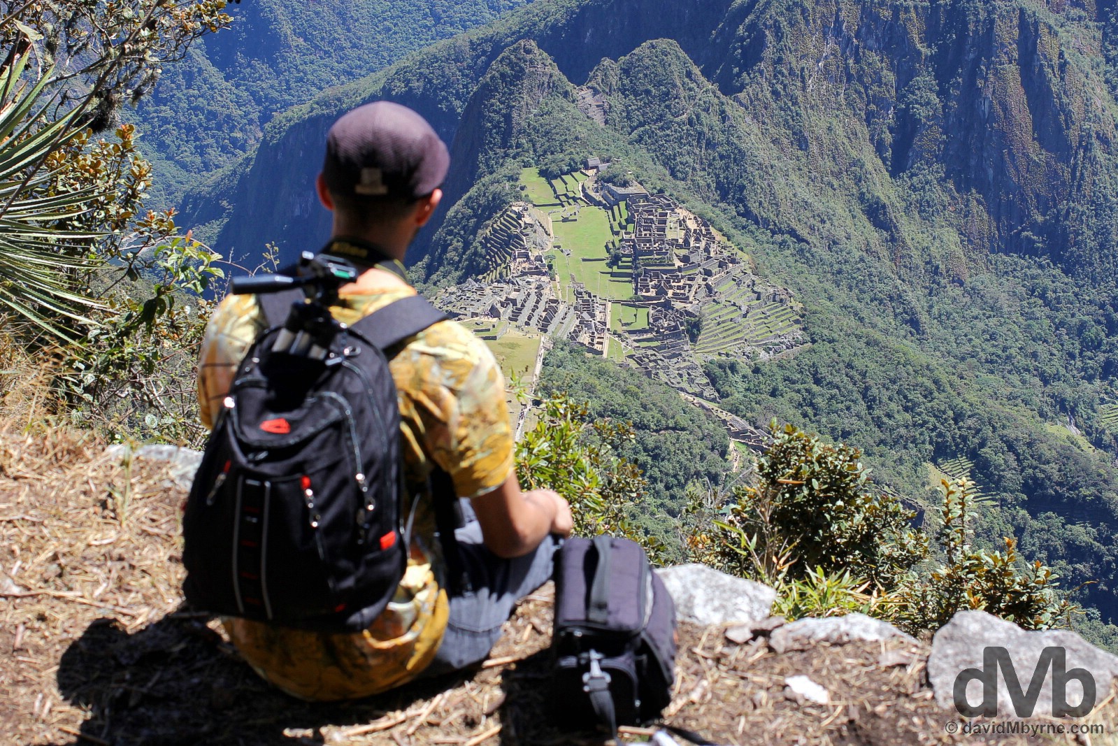 Overlooking Machu Picchu from the trail to the summit of Montana Machupicchu. Machu Picchu, Peru. August 15, 2015. 