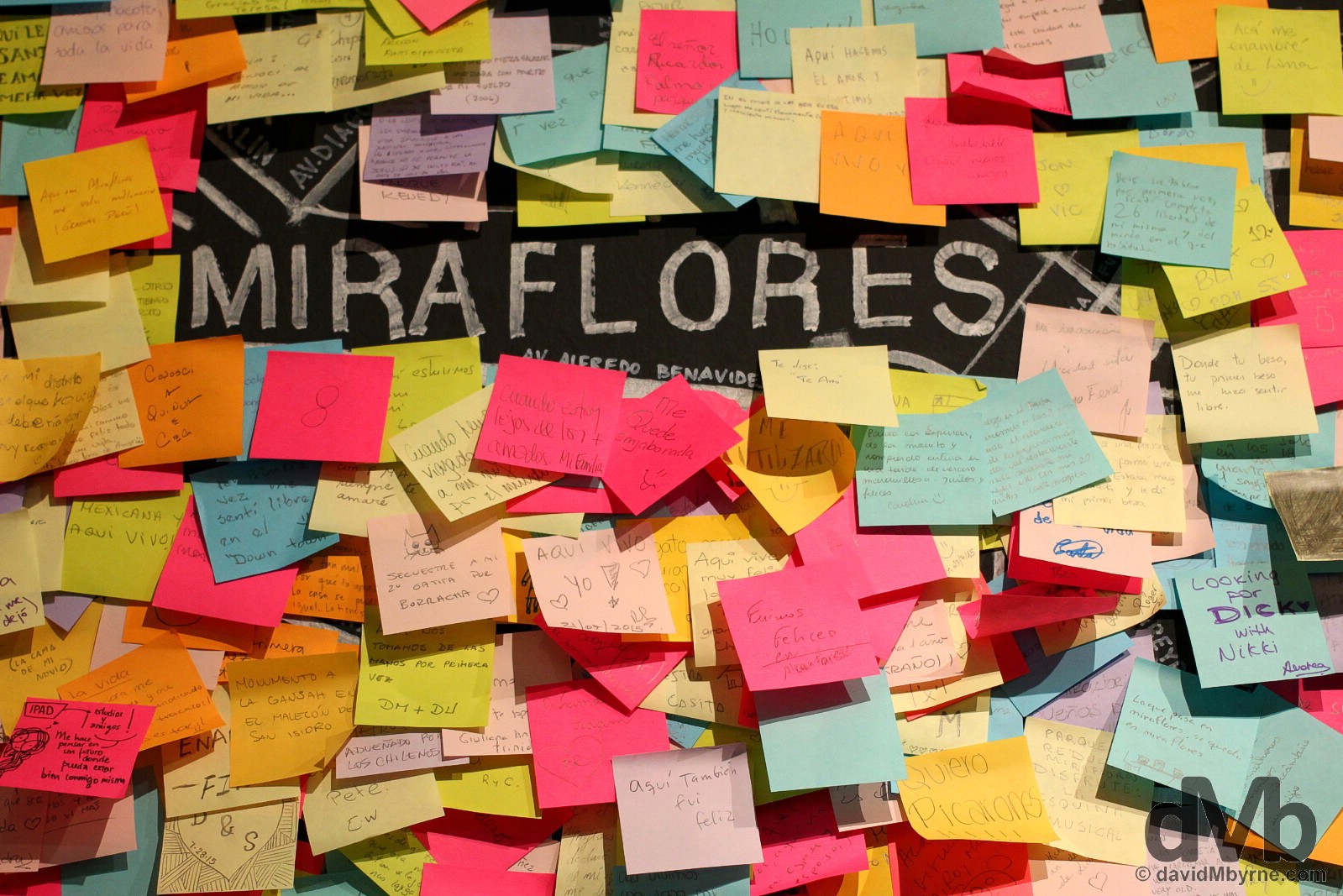 Post-it notes in an exhibition in the Centro Cultural de la Municipalidad de Miaflores, Miraflores, Lima, Peru. August 8, 2015. 