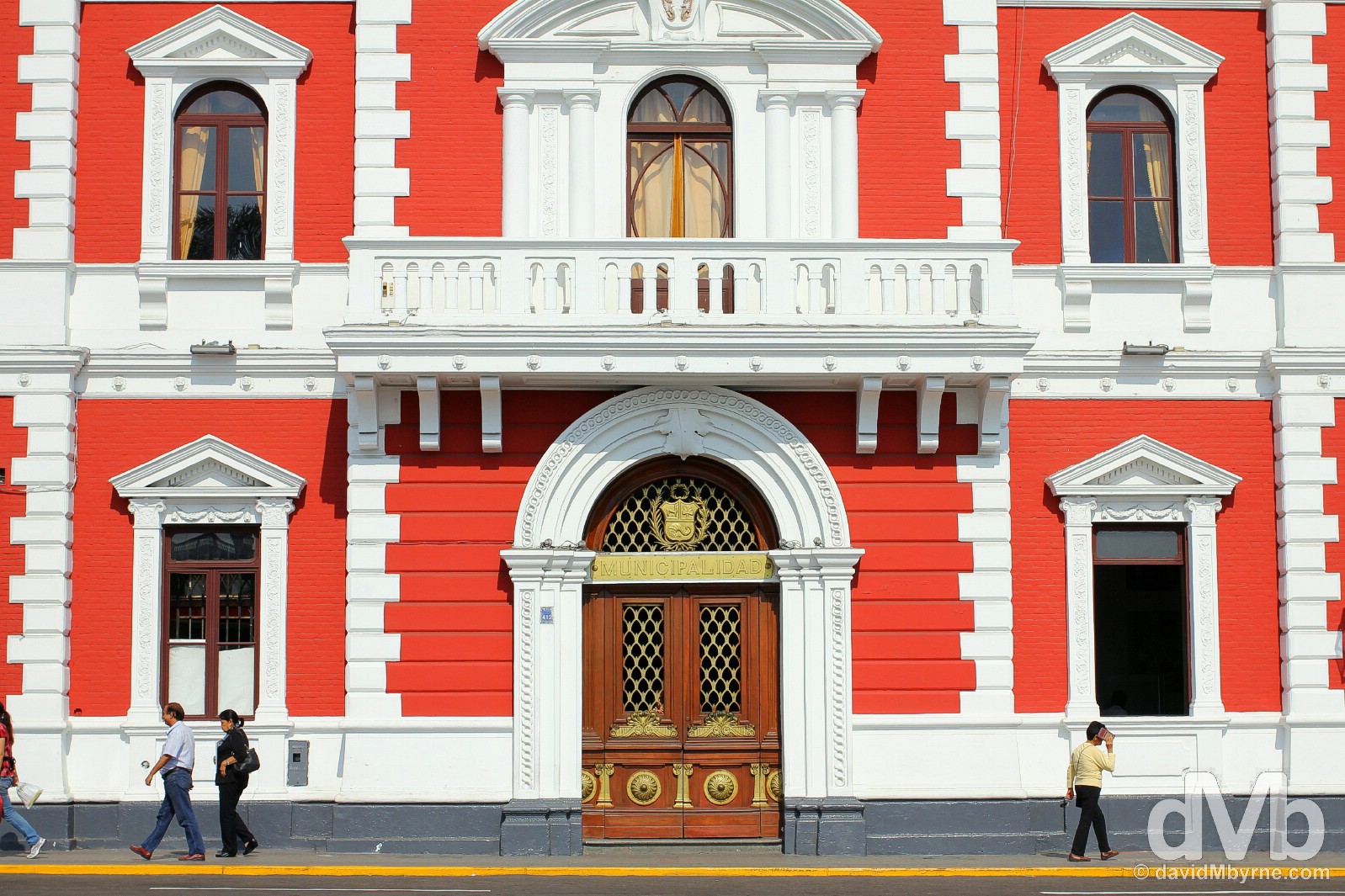 The Municipalidad building on Plaza Major in the city of Trujillo, northwestern Peru. July 31, 2015. 