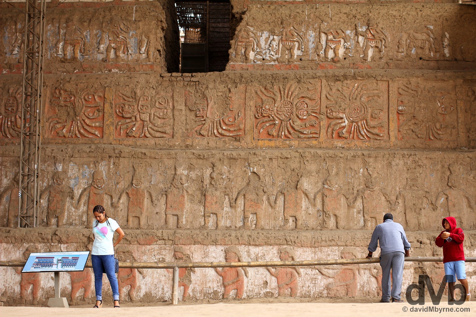 Adobe murals on the 7-tier north face of the Old Temple of Huaca de la Luna (Temple of the Moon), Moche, northwestern Peru. August 1, 2015.