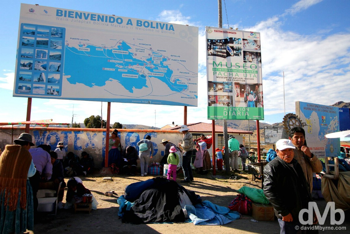 Hello Bolivia. At the Peruvian-Bolivian Kasani border crossing on the shores of Lake Titicaca. August 22, 2015. 
