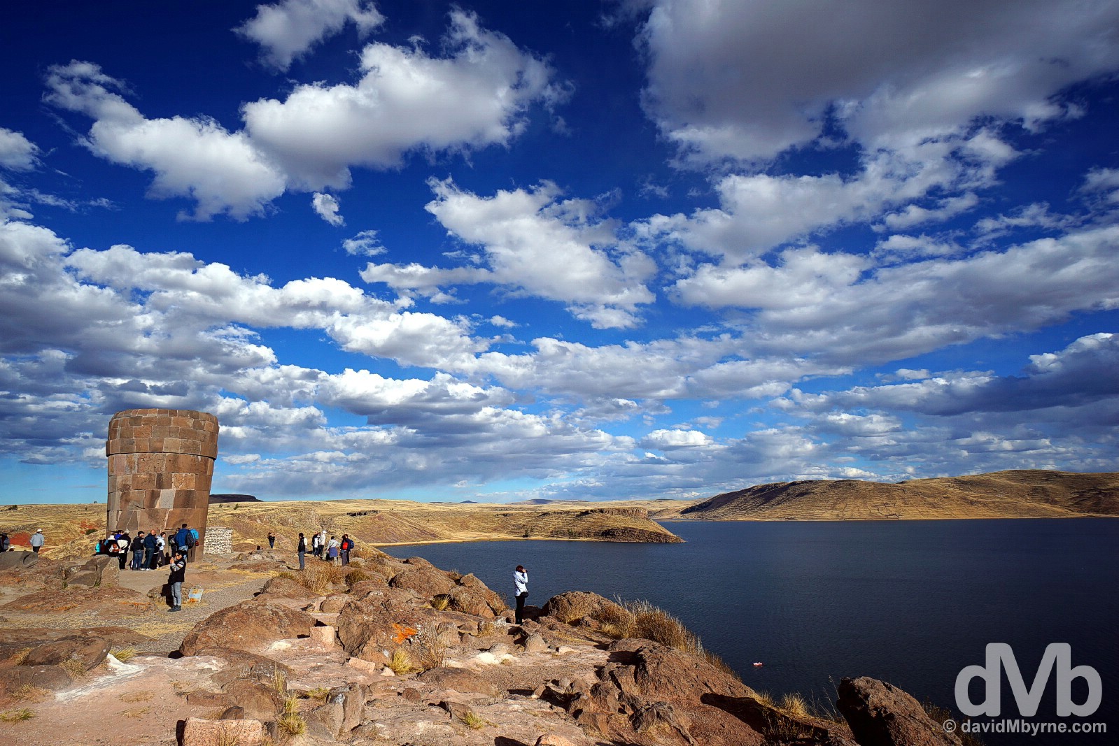 A chullpa, an ancient stone burial tower, on the Sillustani peninsula overlooking Lake Umayo, southern Peru. August 19, 2015. 