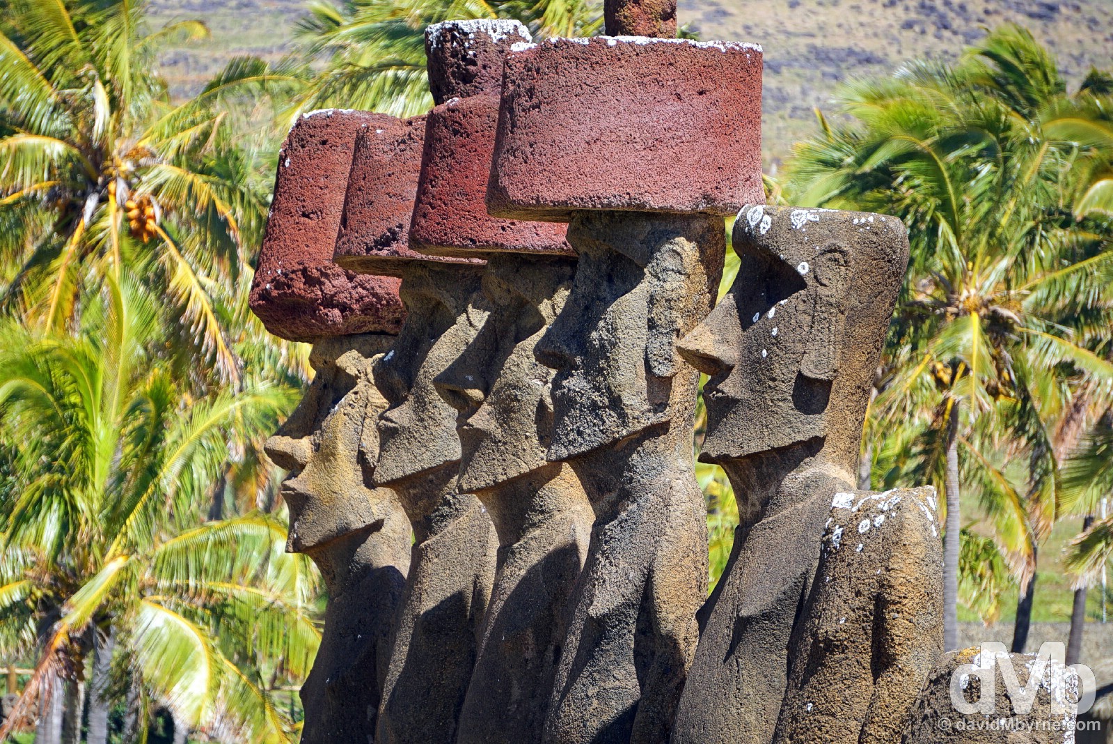 The 7 moai of Ahu Nau Nau in Anakena, Easter Island, Chile. October 1, 2015. 